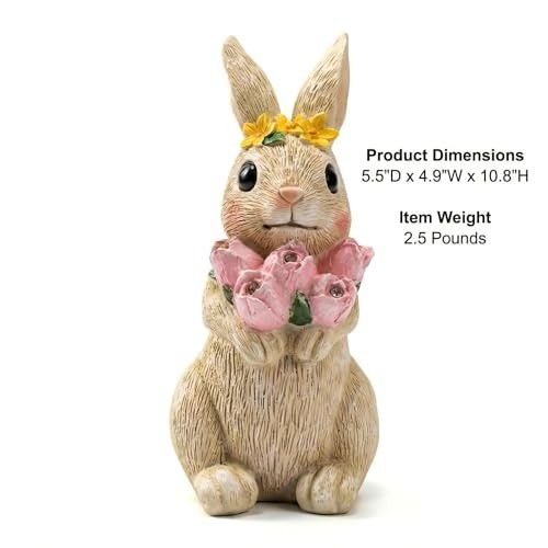 Solar Garden Rabbit Statue with Flowers & 5 LED Lights - Outdoor Yard Decor, Uni