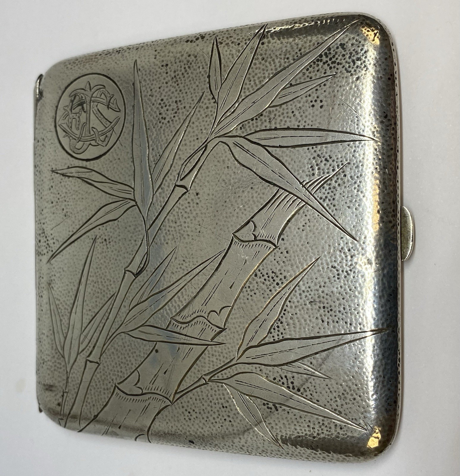 Antique Art Nouveau Silver Cigarette Case of Bamboo Design, E·S Anchor Mark 19th