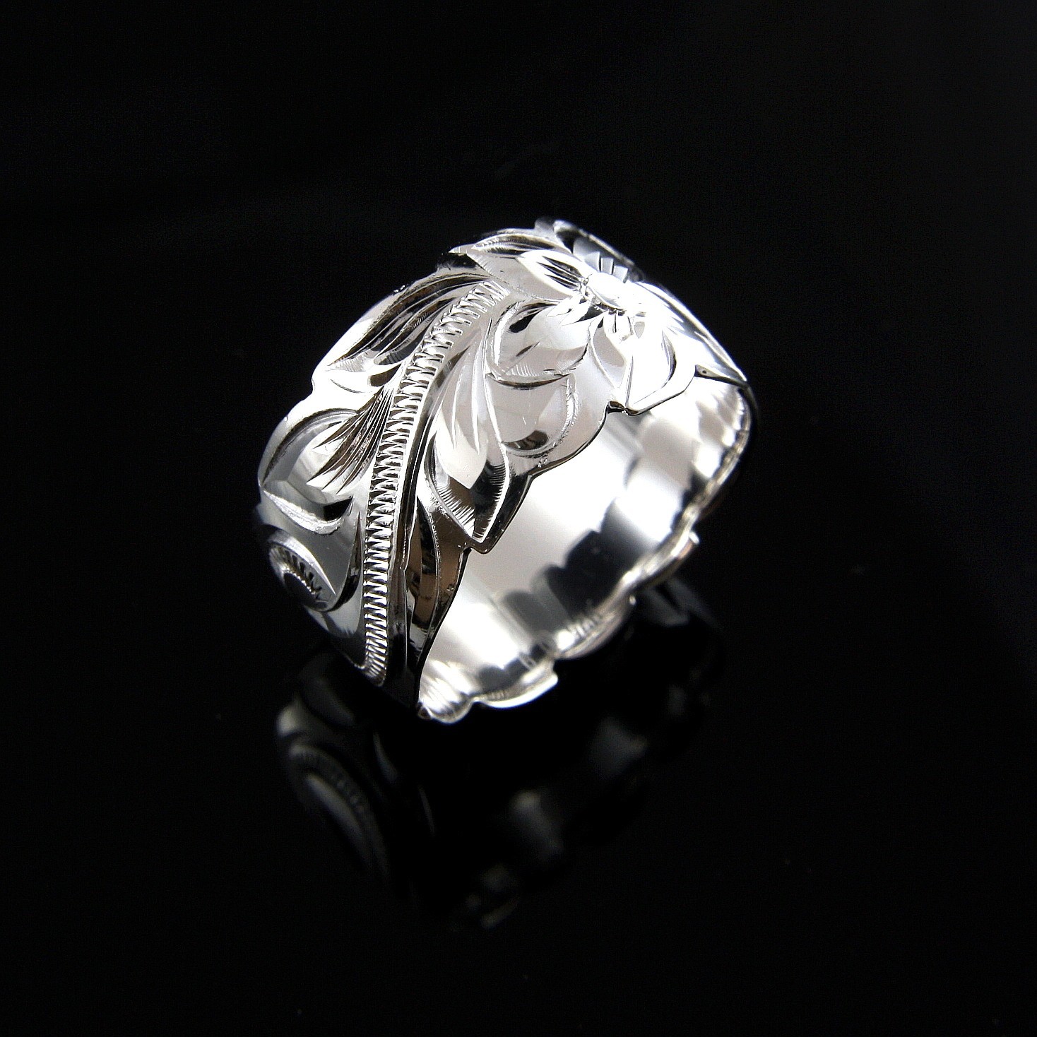 12MM SILVER 925 HAWAIIAN BAND RING PLUMERIA FLOWER SCROLL SCALLOP CUT OUT EDGE