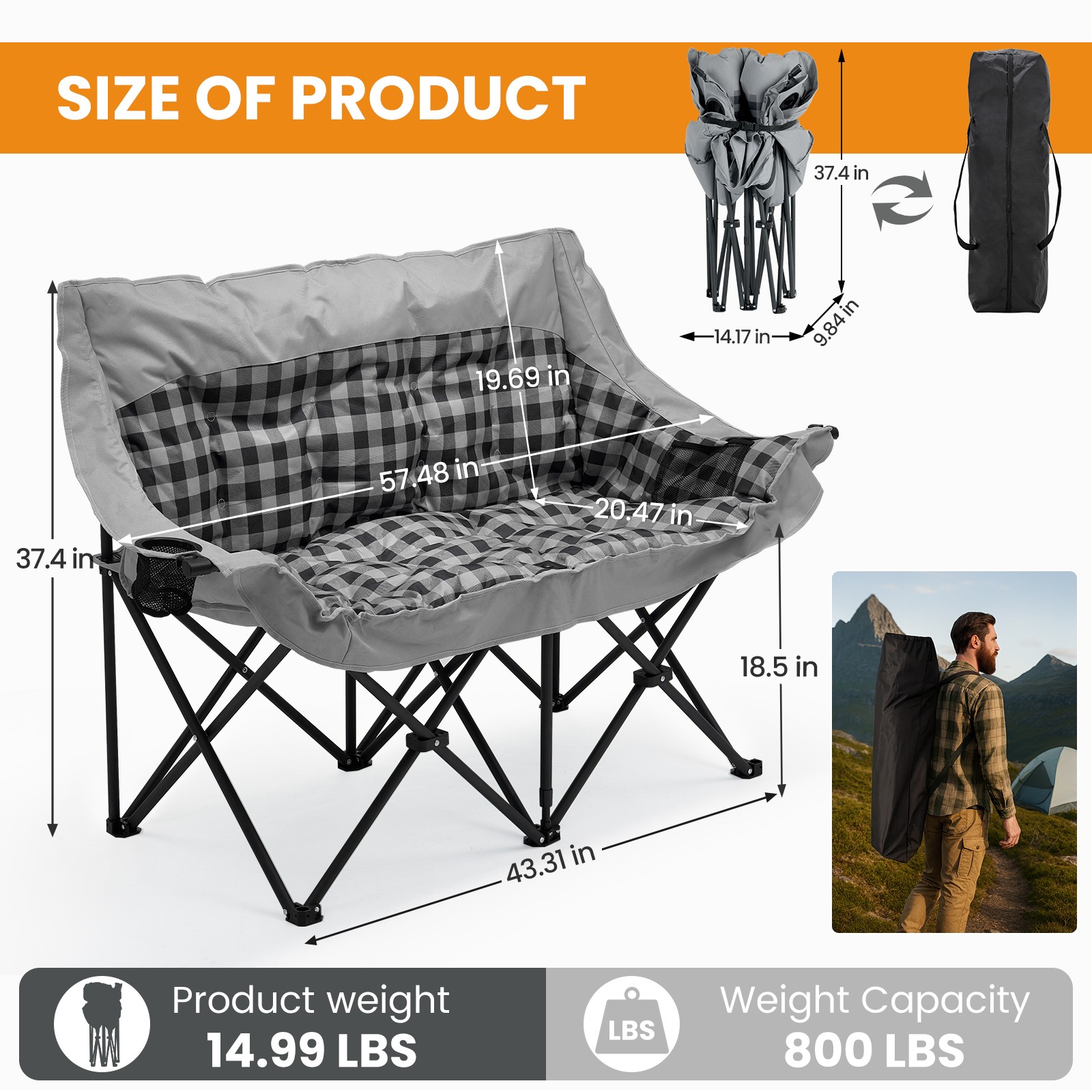 NAIZEA Double Camping Chair Oversized Loveseat 3" Thick Padded 2 Person Chairs