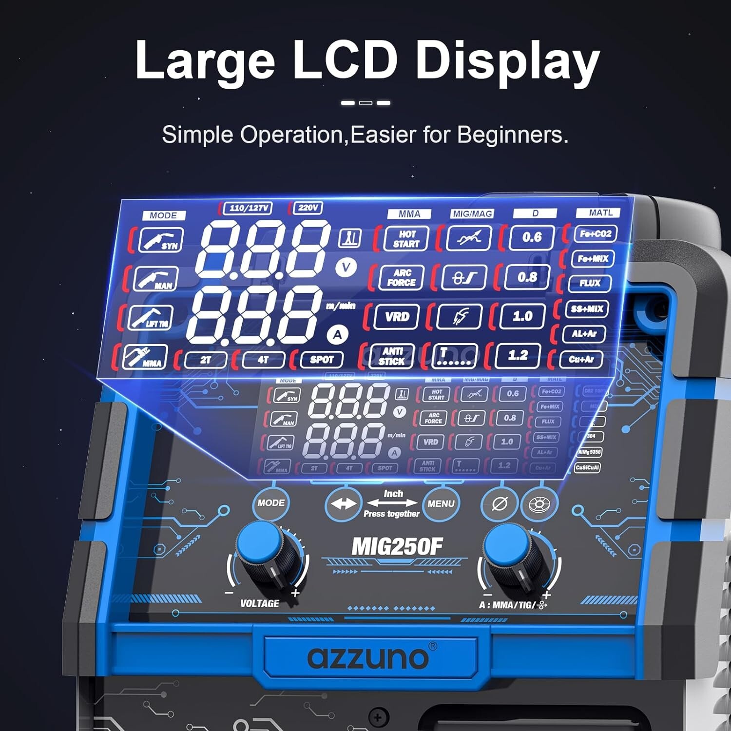 AZZUNO 6 in 1 Aluminum MIG Welder 250A 110V/220V LED Display MultiProcess Welder
