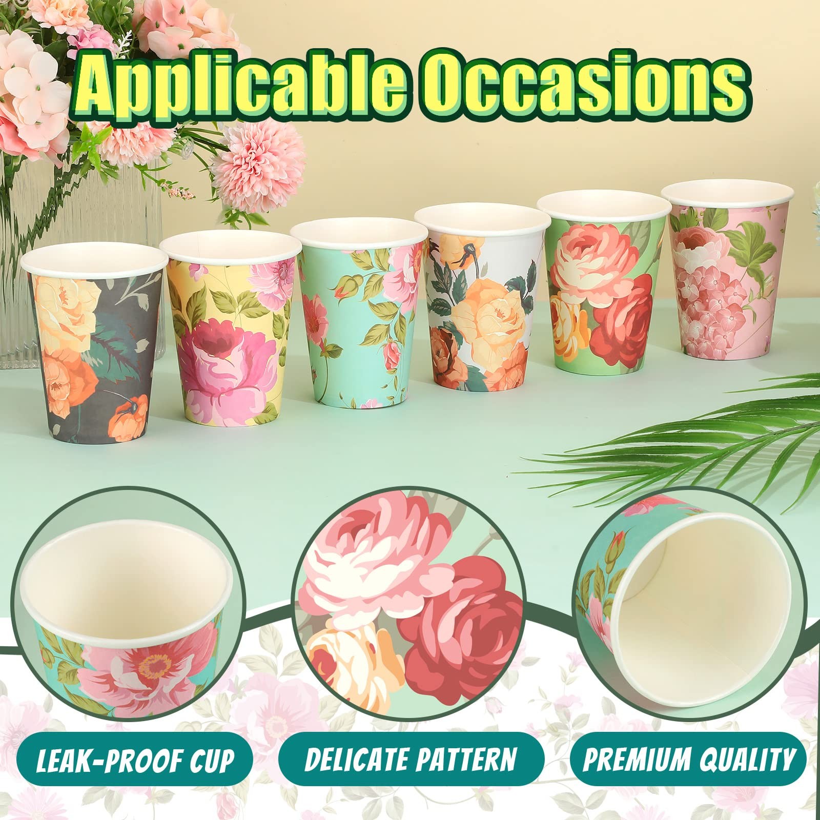 150 Pcs Floral Paper Cups 12 oz Vintage Flower Disposable Cups for Afternoon Tea