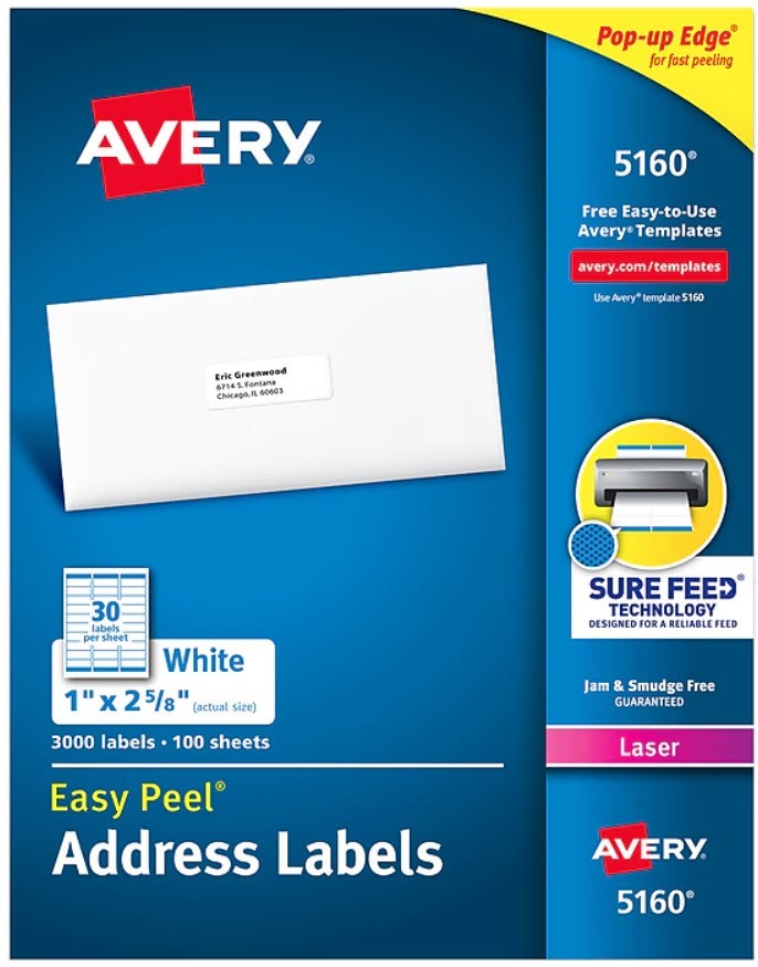 Avery 5160 Easy Peel Address Labels 1 x 2 5/8" 30/sheet - Choose 600/900/1500