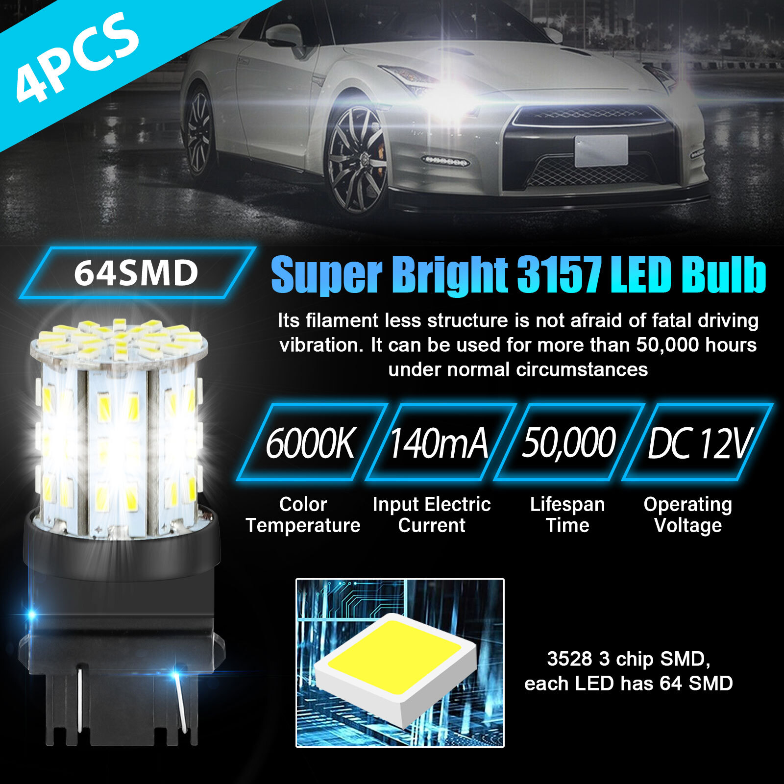 4X 3157 64SMD LED Reverse Tail Brake Stop Turn Signal DRL Light Bulb 6000K White