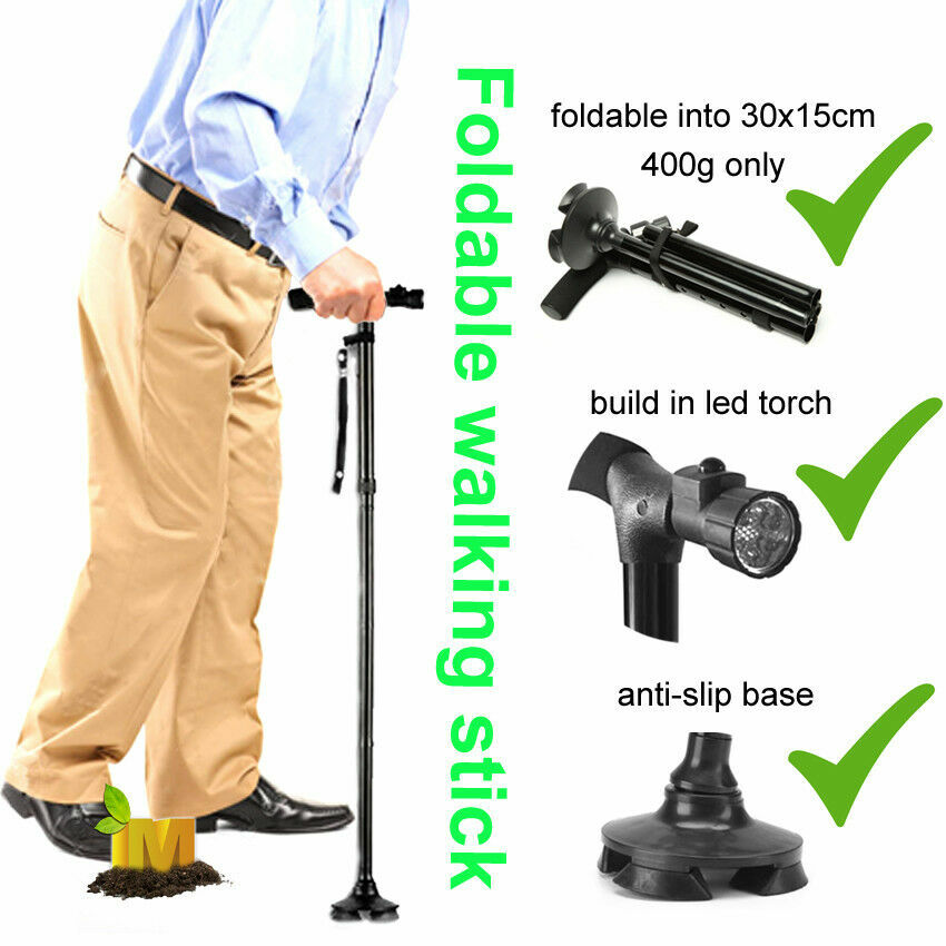LED Folding Walking Cane for Seniors Men & Women w/ Non-Slip T Handle and Strap