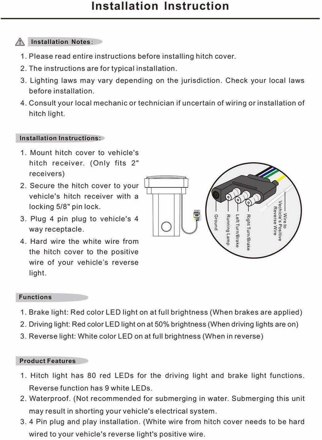 80 LED BRAKE, DRIVING, REVERSE LIGHT LAMP TRAILER TOWING HITCH COVER 2" RECEIVER