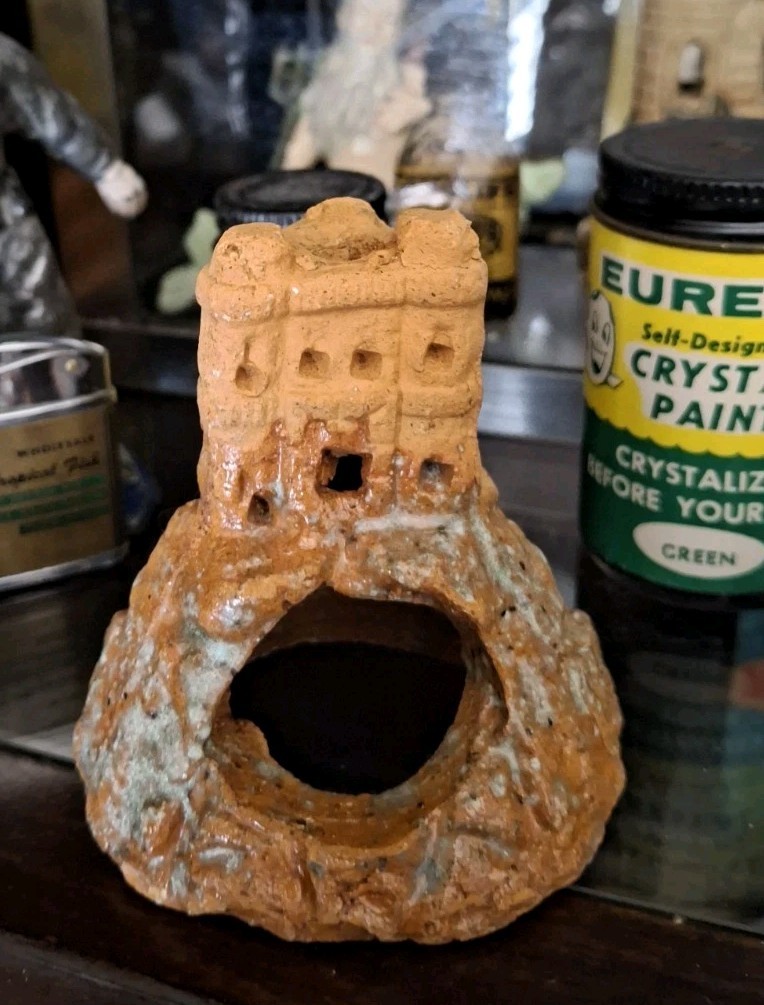 Vintage Old Antique Aquarium Early American 1940s Ceramic Clay Castle on a Hill