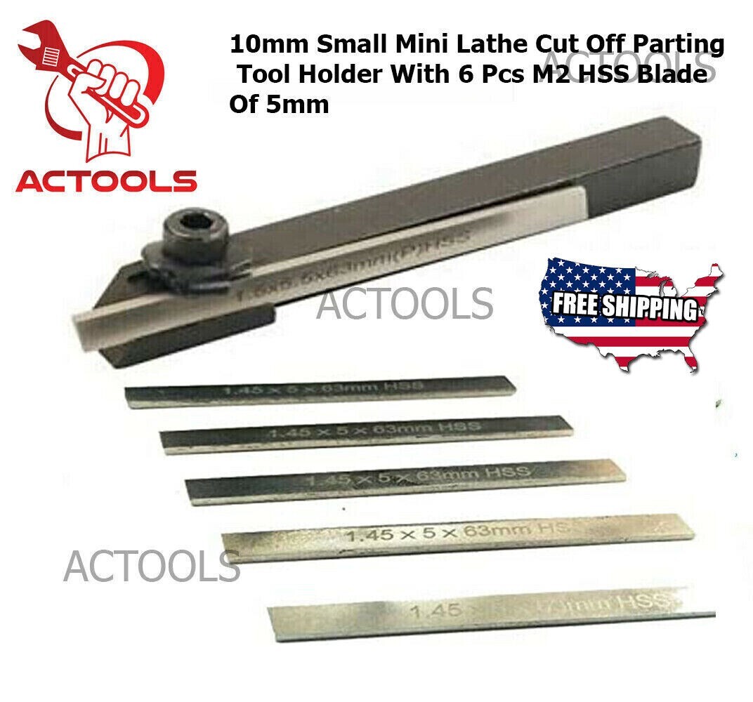 Small Mini Lathe Cut Off Parting Tool Holder 10mm With 6 Pcs M2 HSS Blade Of 5mm