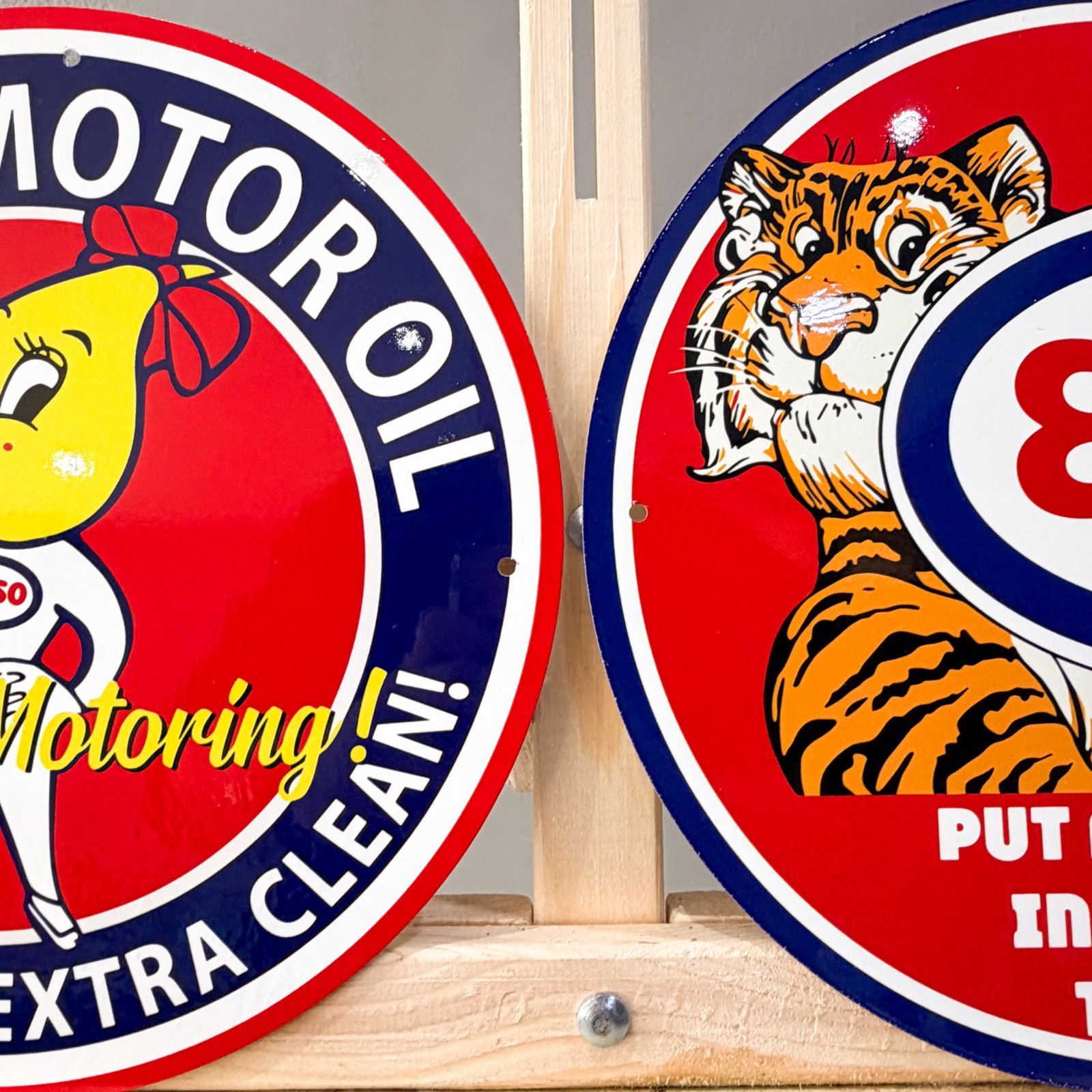 Esso Vintage Metal Sign Set of 2 Happy Motoring Female & Tiger – 30 cm / 11.8”