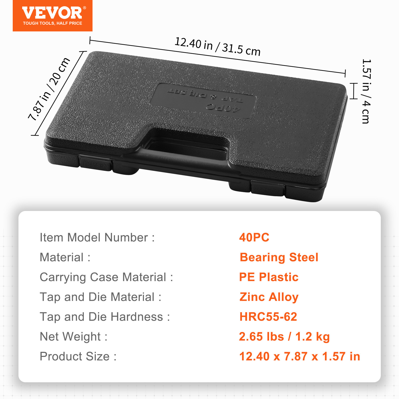VEVOR Tap and Die Set 40Pcs Metric Size M3 to M12 Bearing Steel Threading Tool