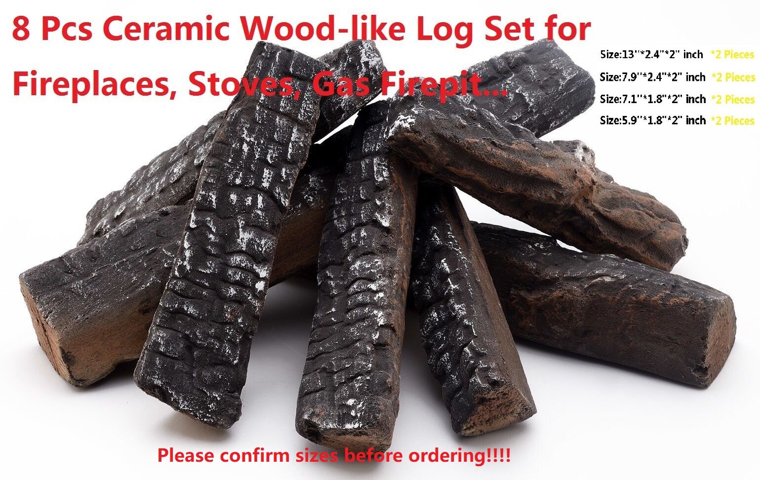 8 Piece Decorative Realistic Flame Petite Ceramic Wood Fireplace Firepit Log Set