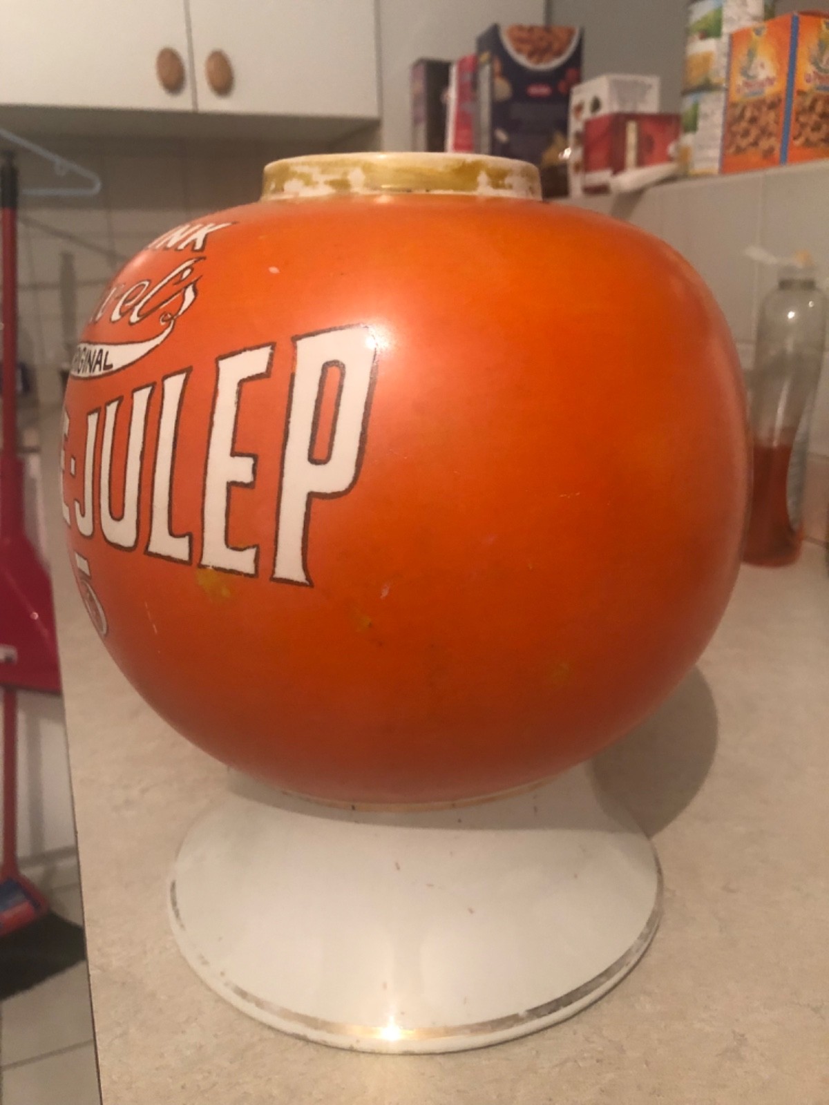 VINTAGE RARE c.1919 CERAMIC "HOWEL'S ORANGE-JULEP 5c" SODA FNT SYRUP DISPENSER