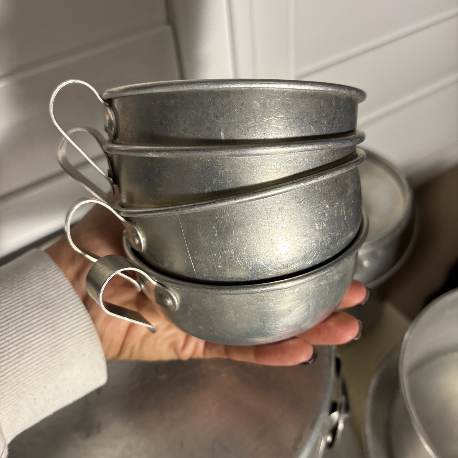 Vintage Aluminum Nesting Camping Mess Set Cooking Pots Plates Cups Set 4 Japan