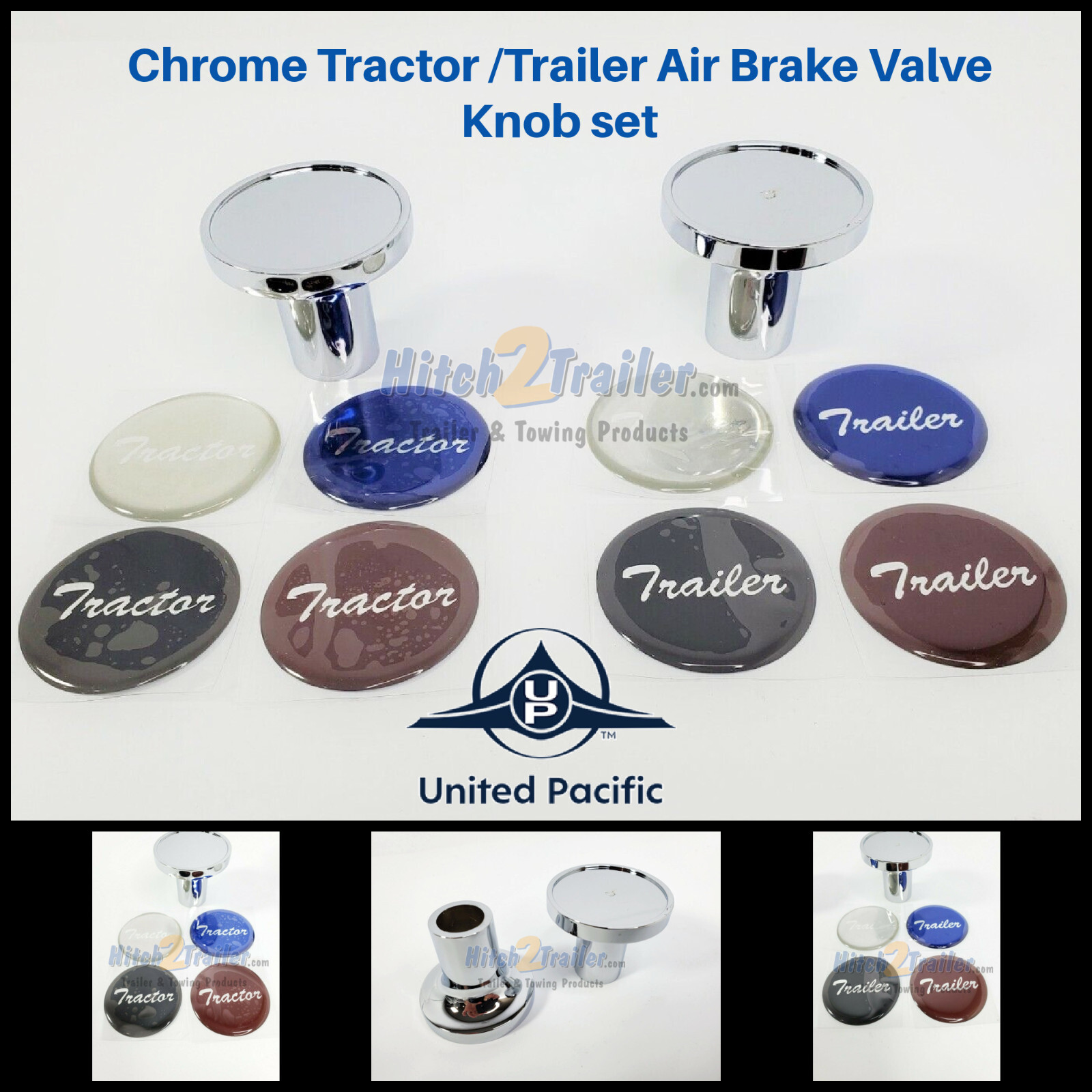 Chrome Tractor Trailer Air Brake Valve Knobs - Blue, Red, Silver, Black Set UPI