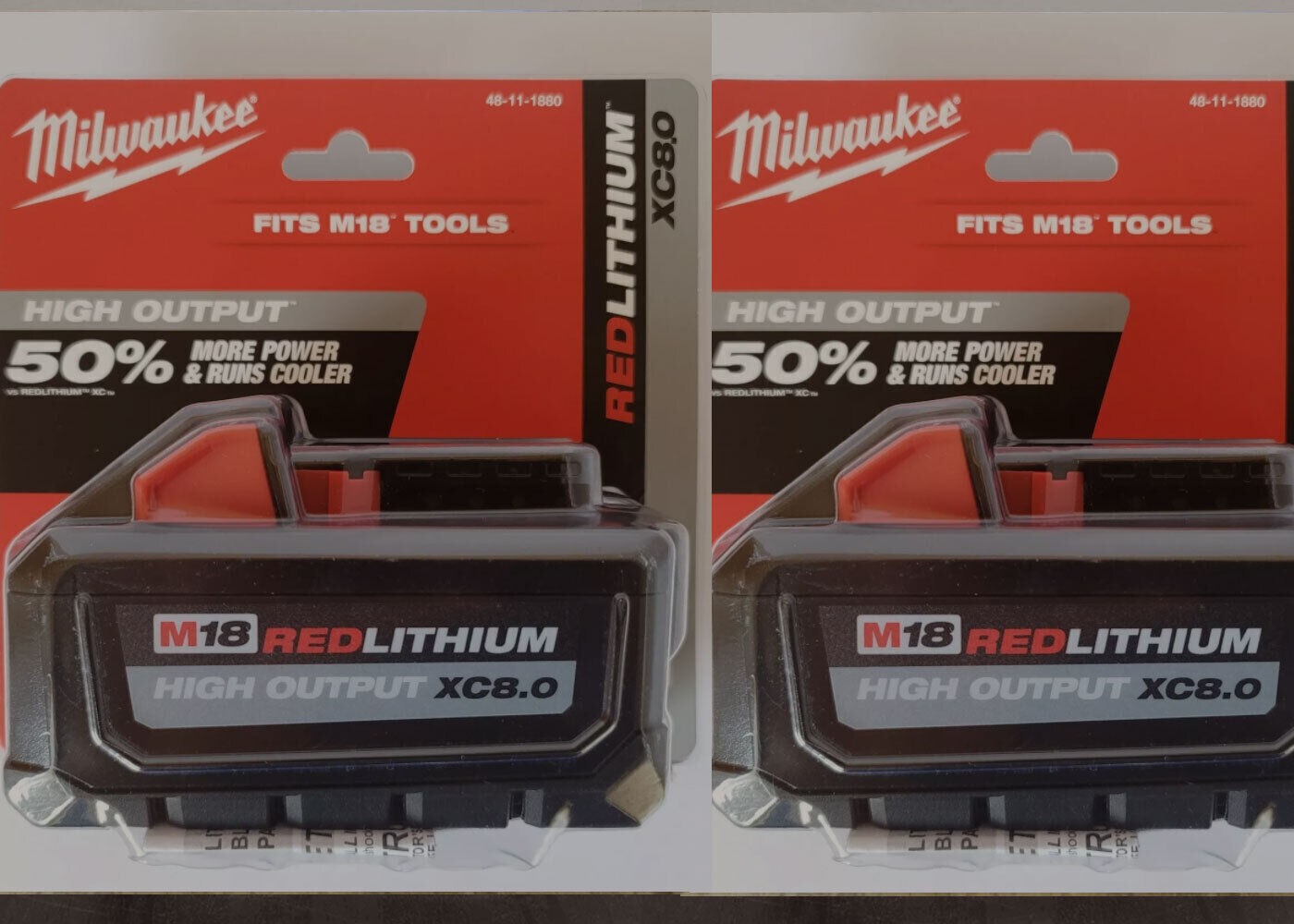 2pcs 18V Millwauukke 48-11-1880 M18 HIGH OUTPUT 8Ah XC8.0 Cordless Battery