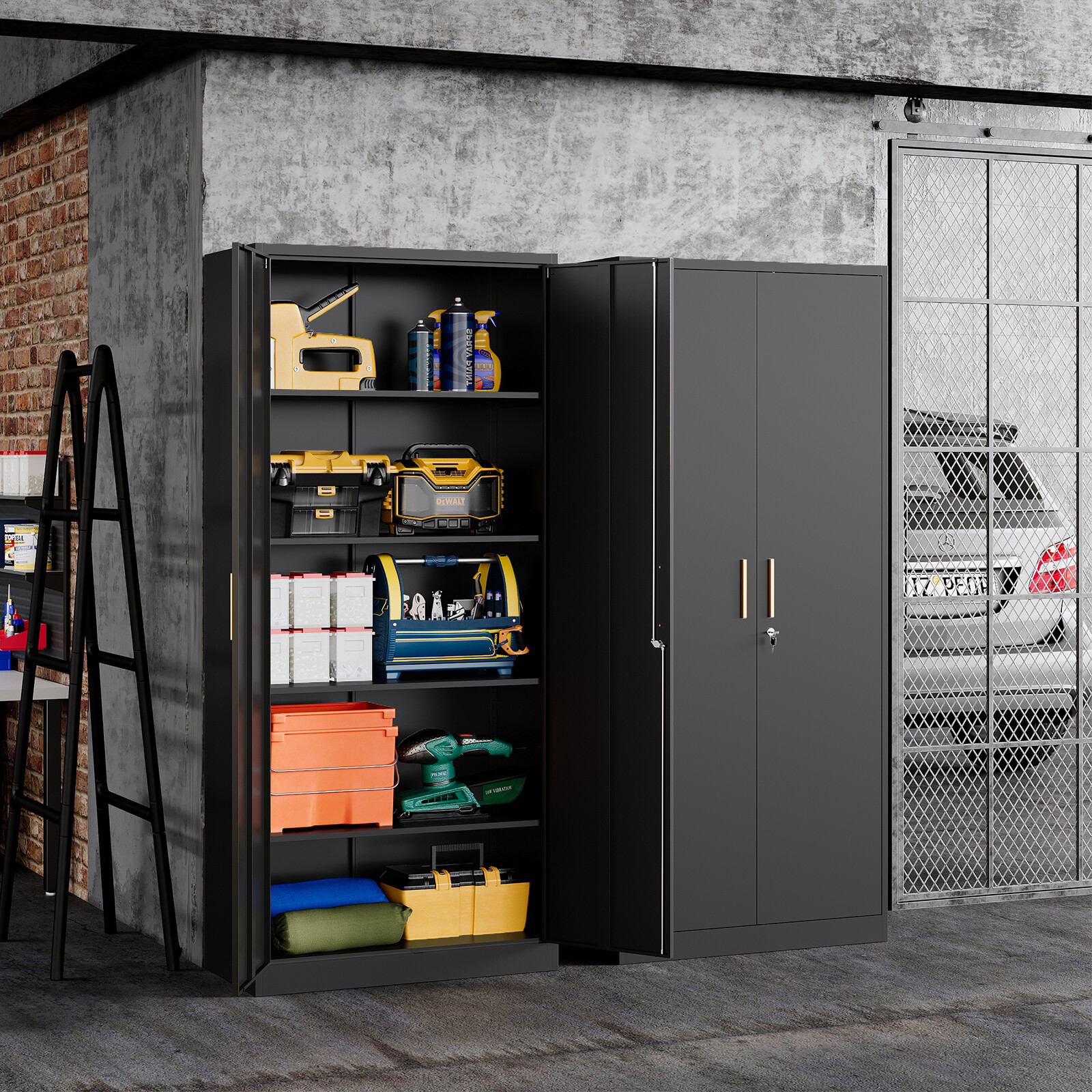 71" Garage Storage with 2 Doors 4 Adjustable Shelves Office Tool Cabinet Locking