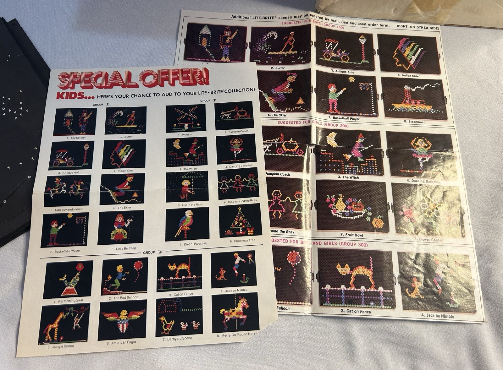 Vintage Lite-Brite Lot w/ Instructions, Accessory Kit, 575 Bulbs, Unused Sheets