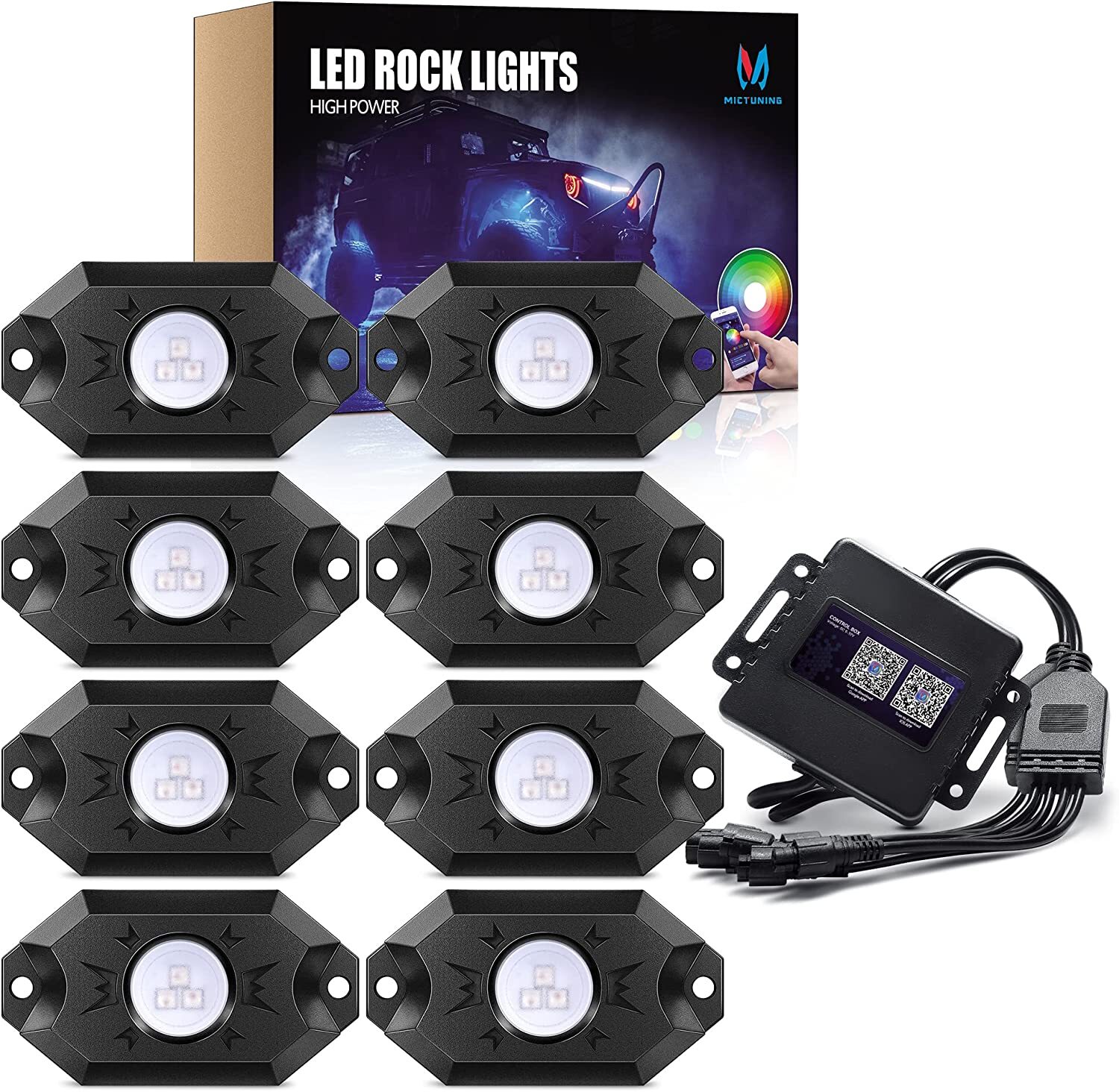 MICTUNING 2nd-Gen RGB LED Rock Lights Bluetooth 8 Pods Underbody Neon Lights Kit