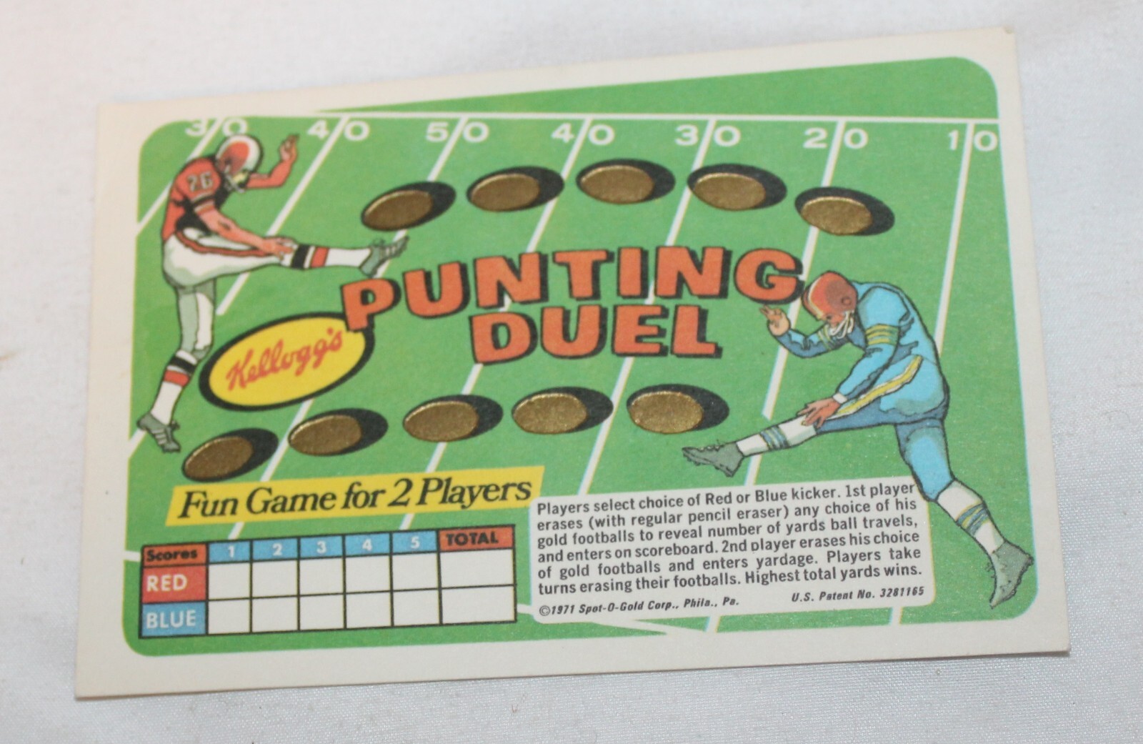 VTG Kellogg's Cereal Premium 1971 Punting Duel game Spot o Gold Card Football