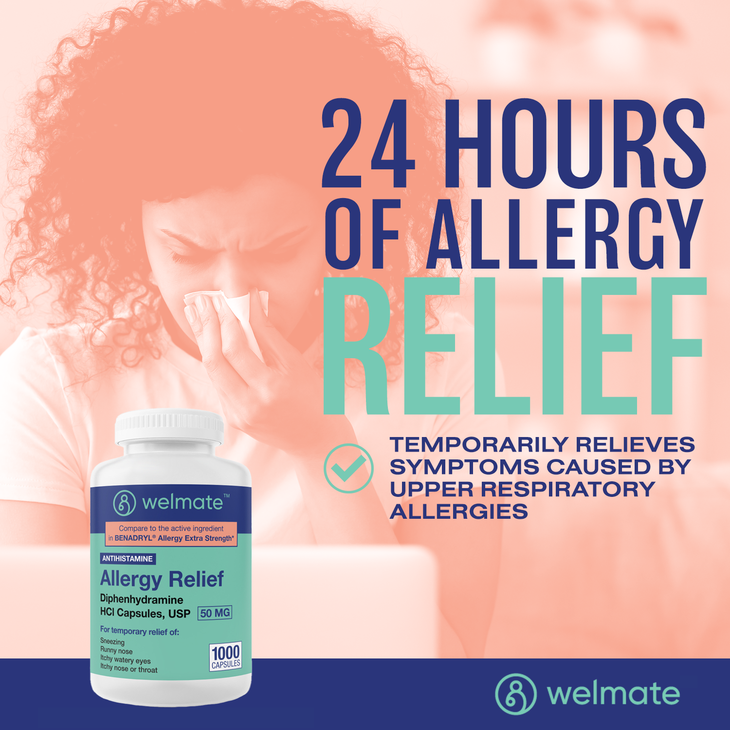 WELMATE Allergy Relief | Diphenhydramine 50 mg | 1000 Count Capsules