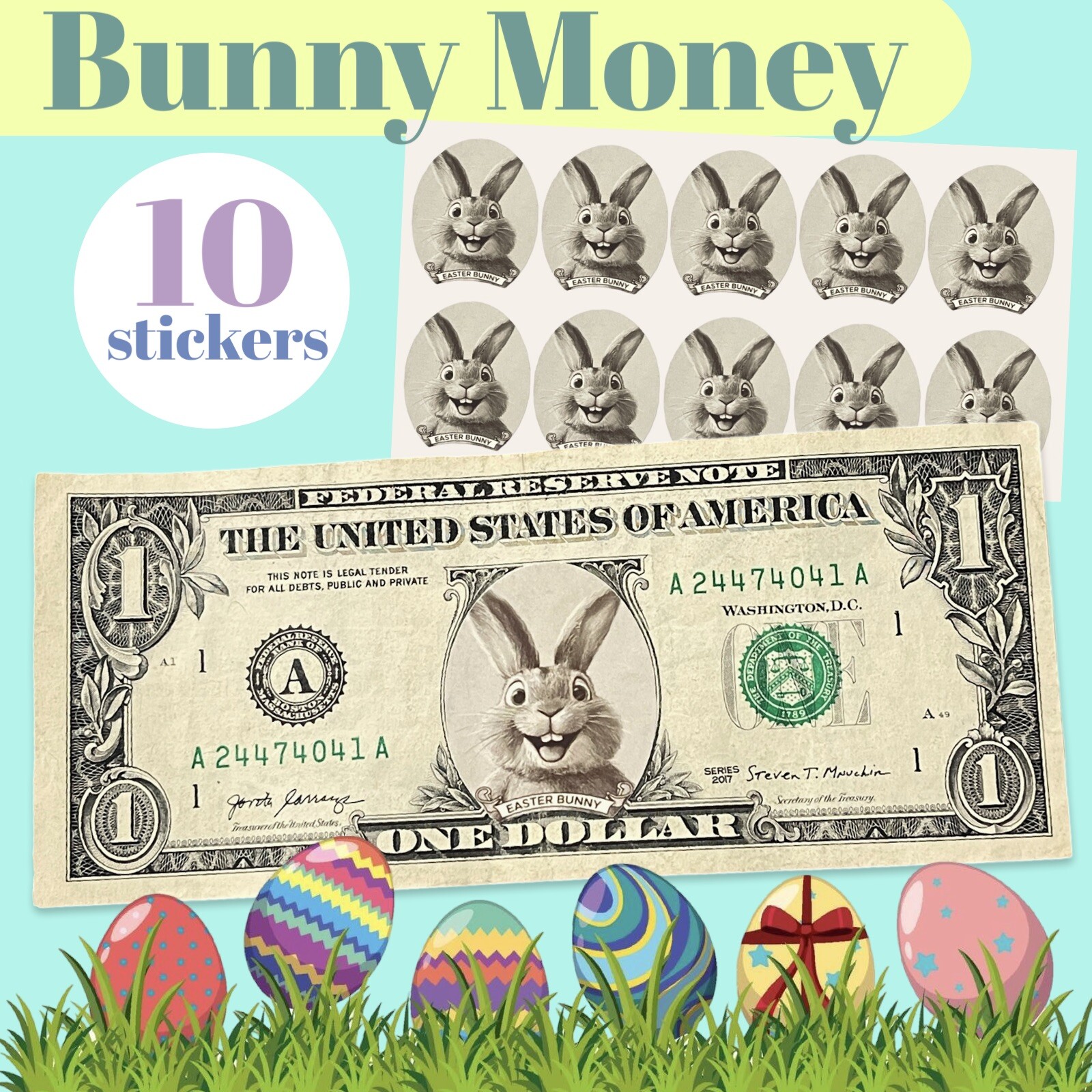 Lot of 10 Bunny Money US Dollar Bill Stickers $1 and $2 Easter Bunny Money Gift