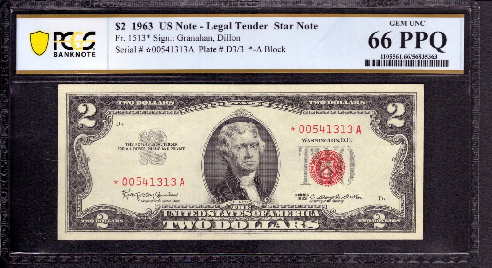 1963 $2 LEGAL TENDER STAR NOTE RED SEAL FR.1513* PCGS B GEM UNC 66 PPQ
