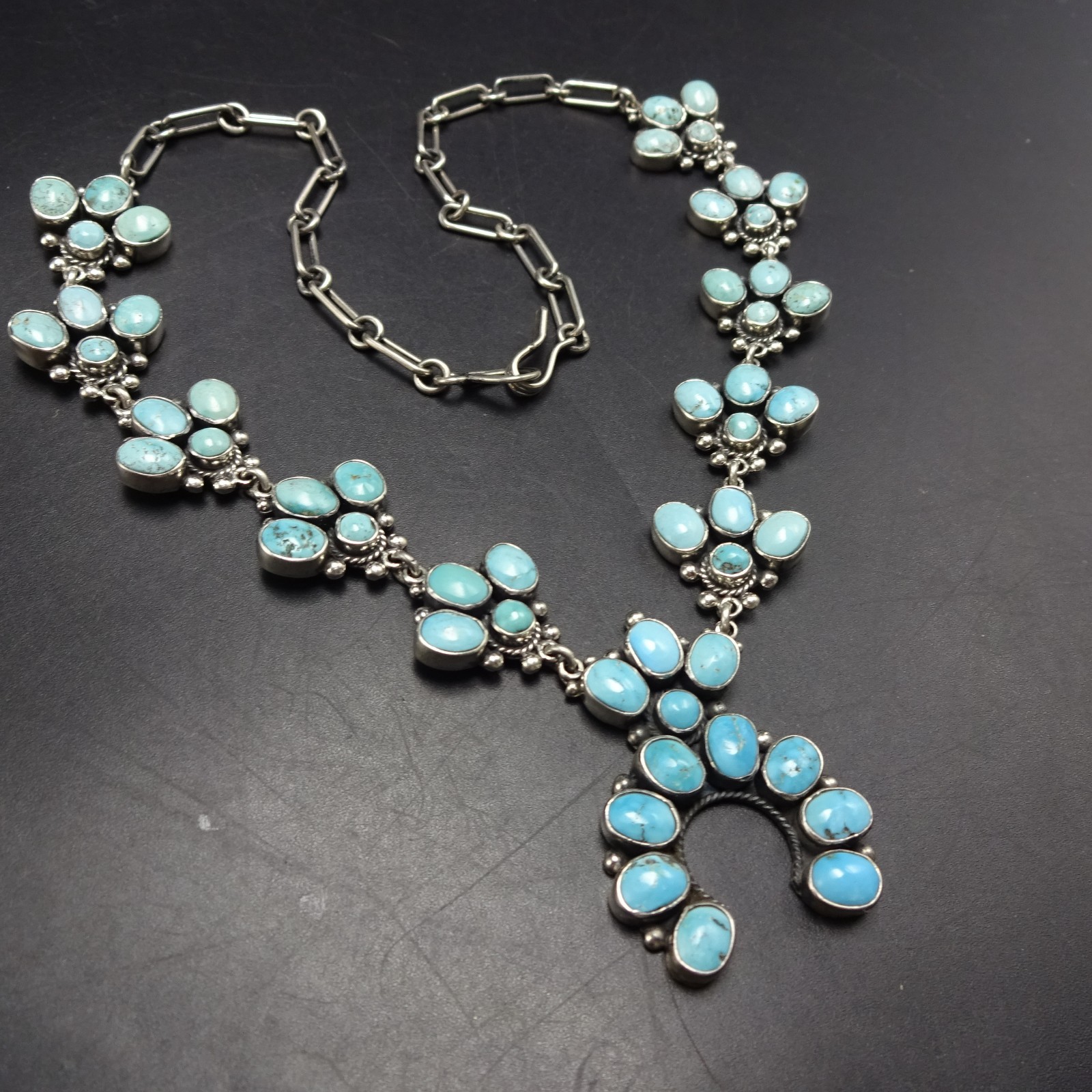 Diminutive FEDERICO JIMENEZ Sterling Silver TURQUOISE CLUSTER Squash Necklace