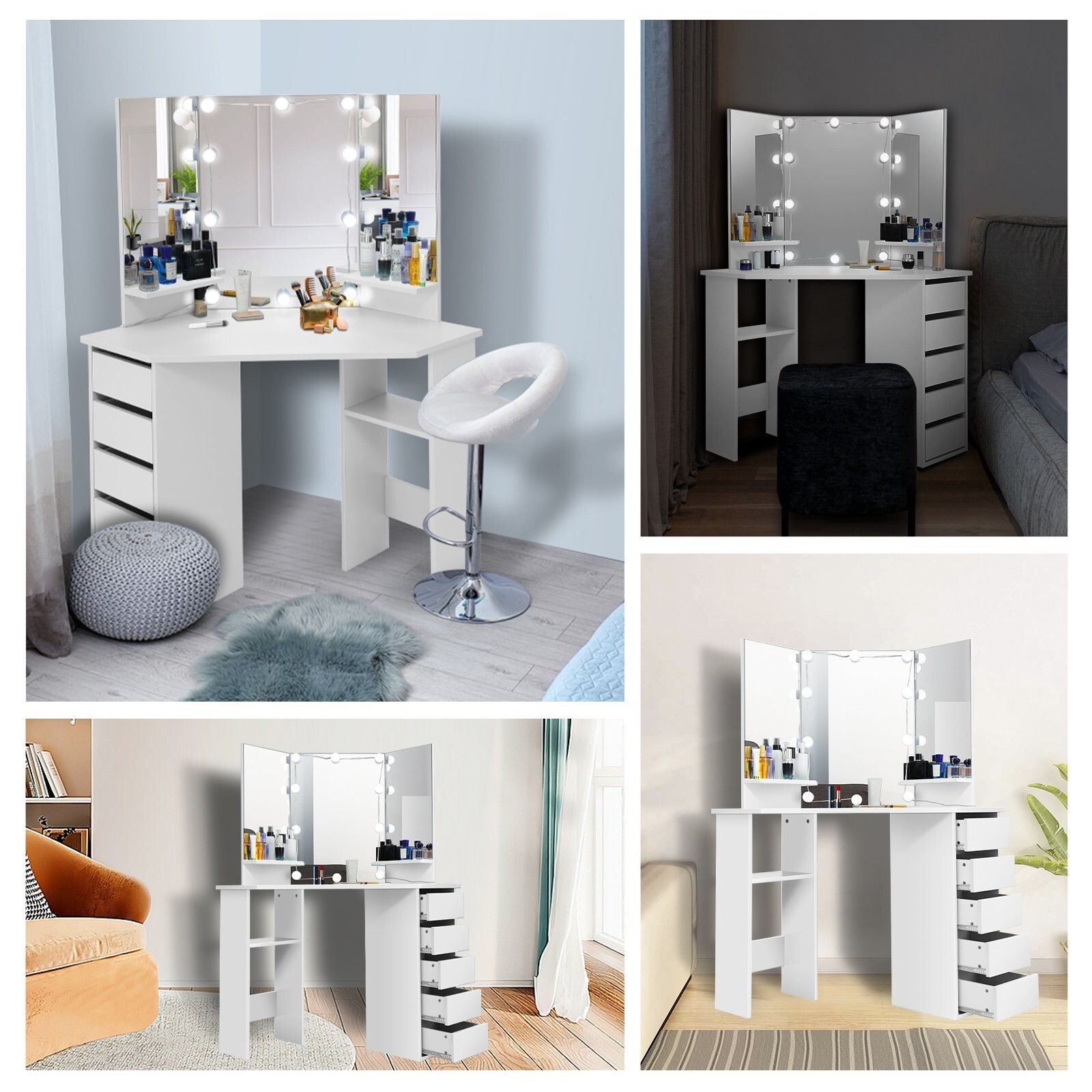 Corner Makeup Vanity Desk Bedroom Vanity Table with Lighted Mirror Girls Vanity~