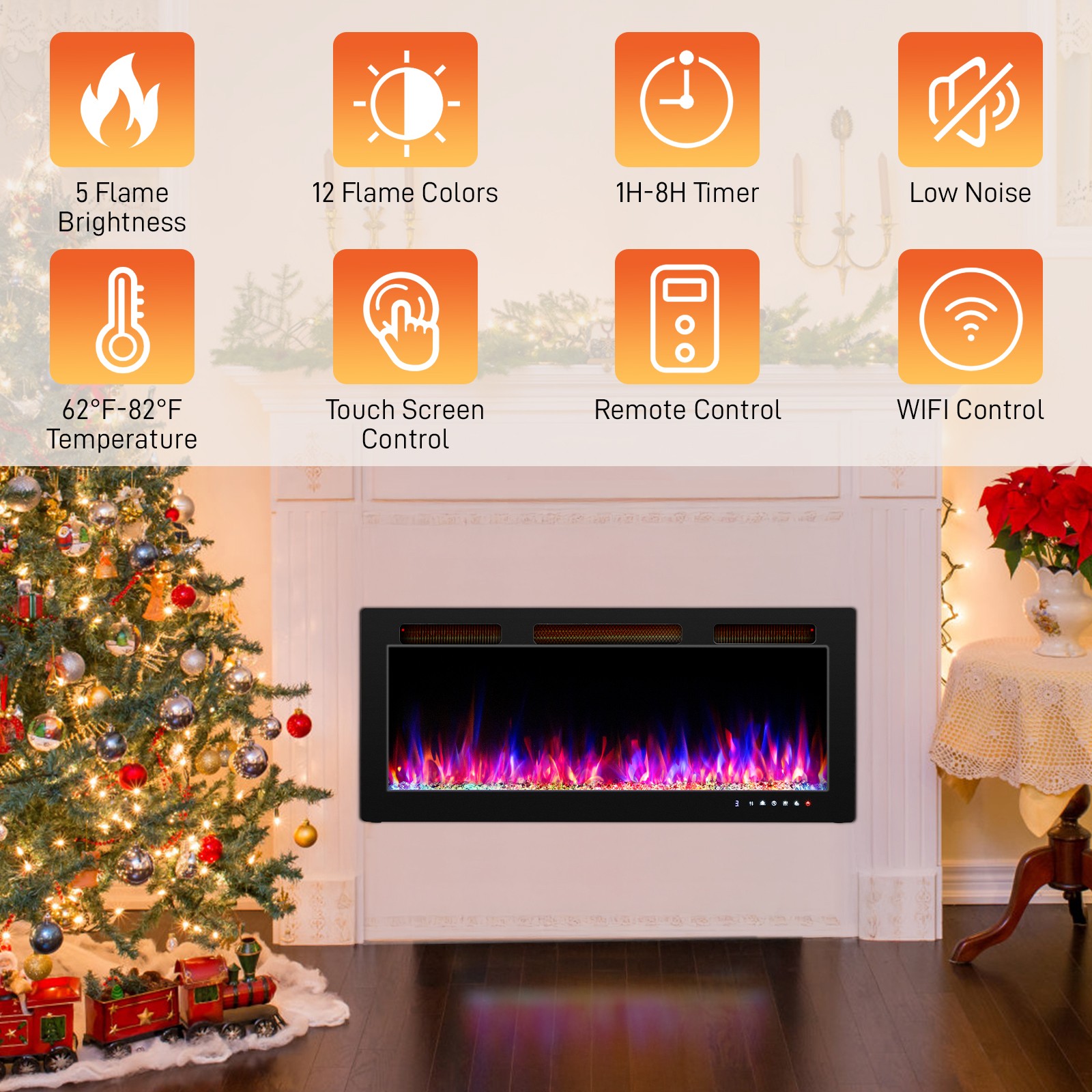 42" Ultra-Thin Electric Fireplace Wall Mounted&Recessed Heater W/ Remote Control