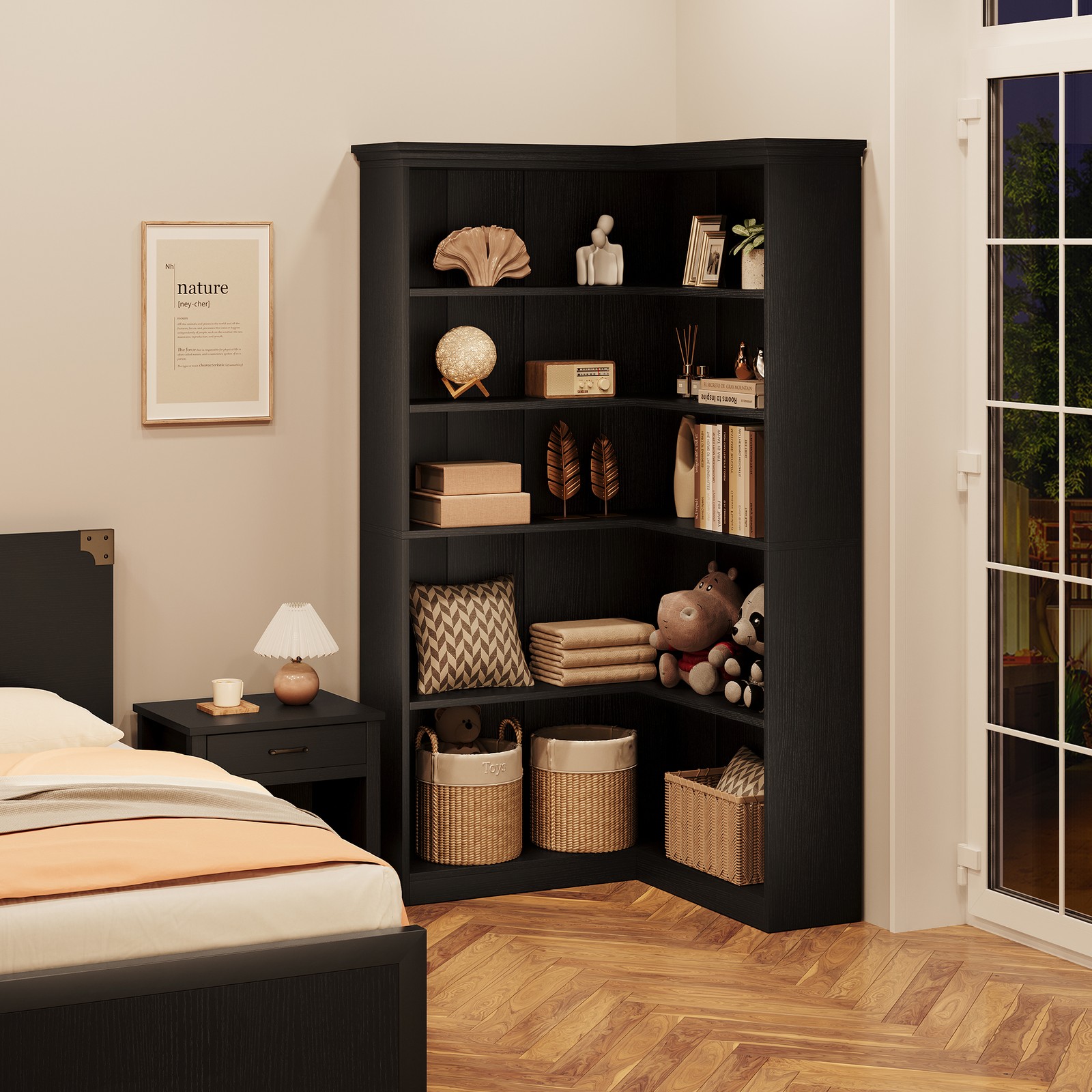 Corner Bookshelf 5 Tier Large Display Bookshelf 90° Corner Standing Bookcase