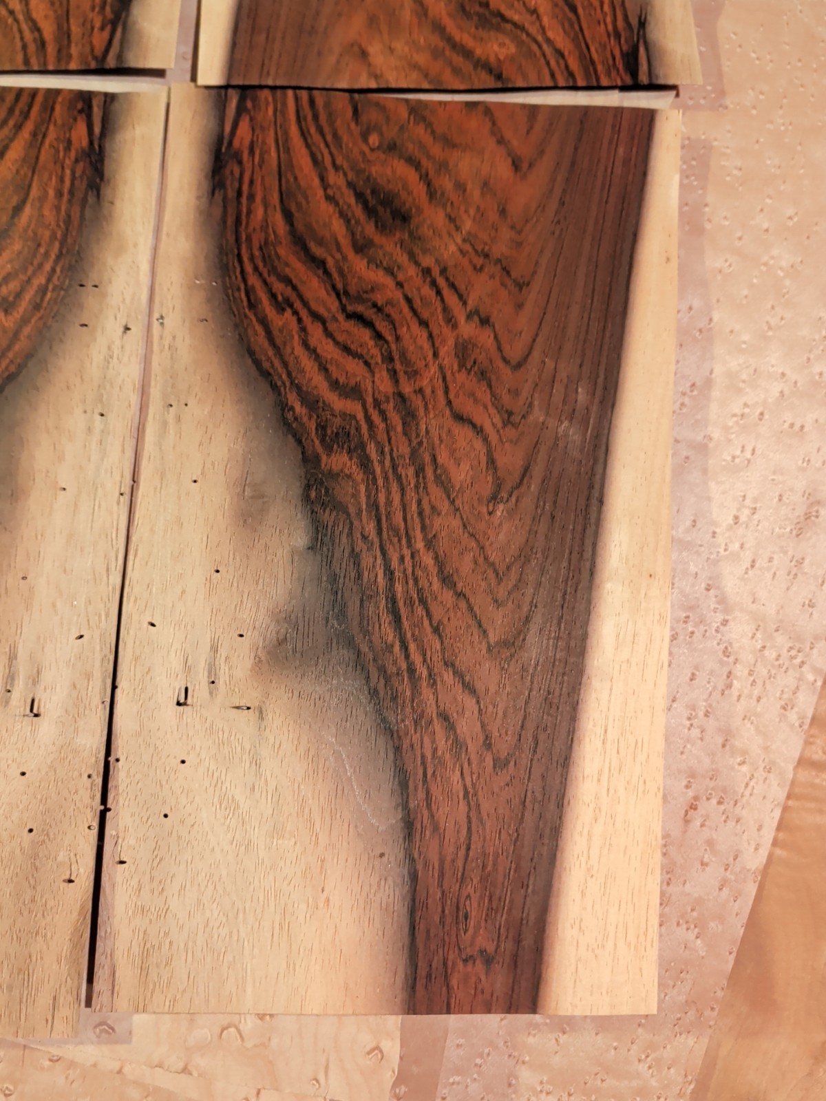 4 pieces of rosewood wood veneer 7" x 12 1/2" each raw 1/42" holes old