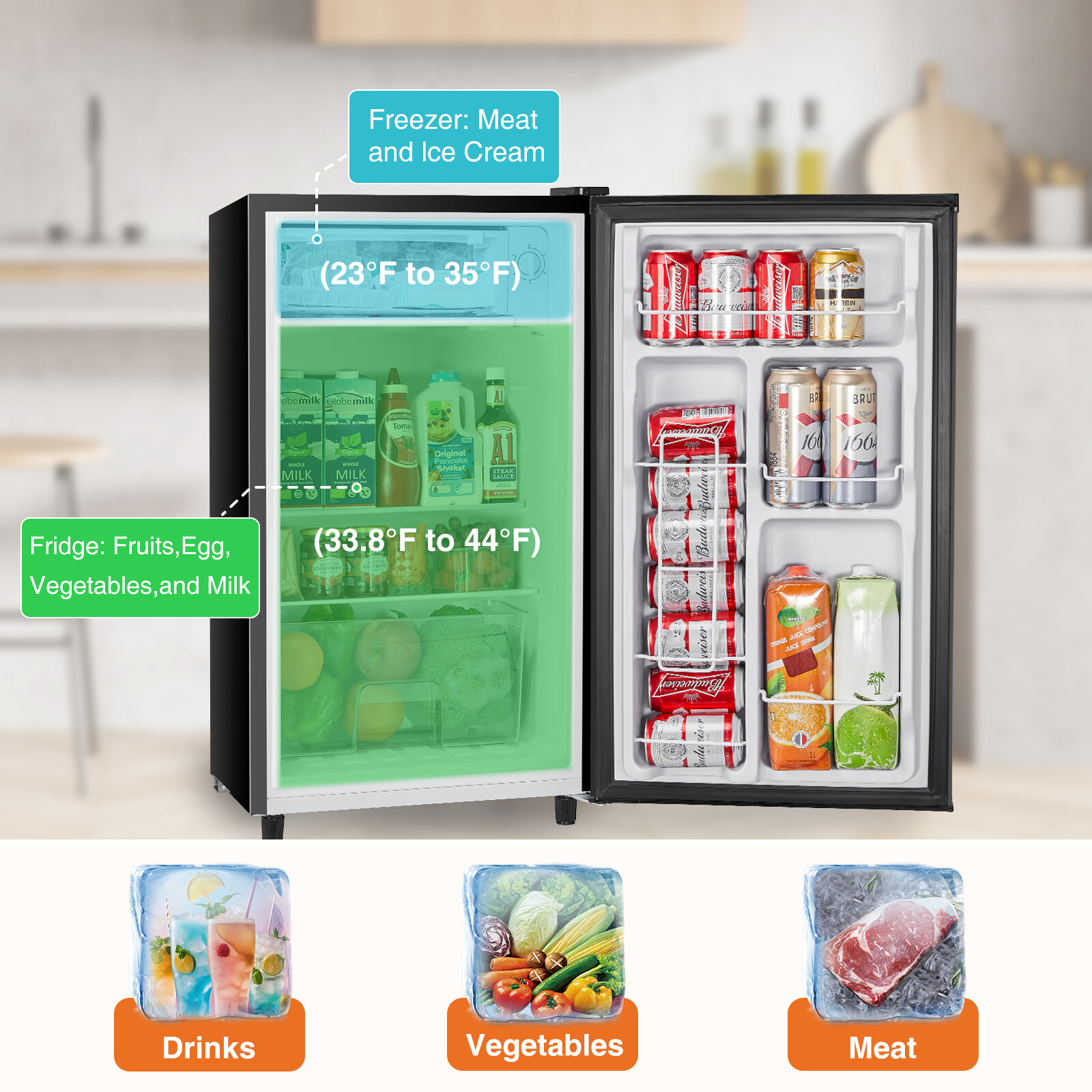 Mini Fridge with Freezer 3.2 Cu.Ft Refrigerator Low Noise Adjustable Thermostat