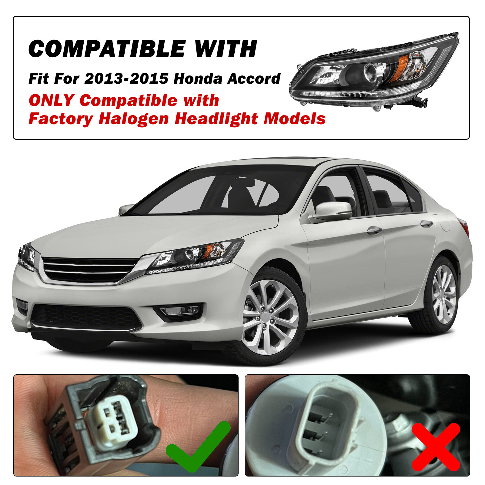 For 2013-2015 Honda Accord Sedan w/o DRL Projector Halogen Headlights Assembly