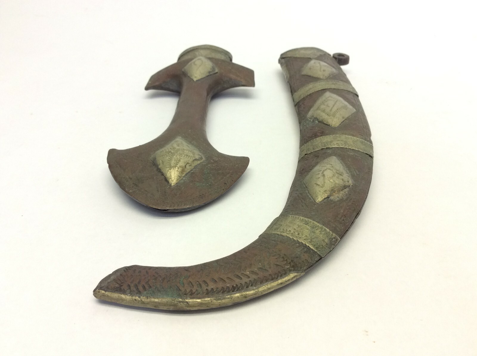 Antique Moroccan Koummya Dagger Brass & Silver Inlay Sheath Curved Blade