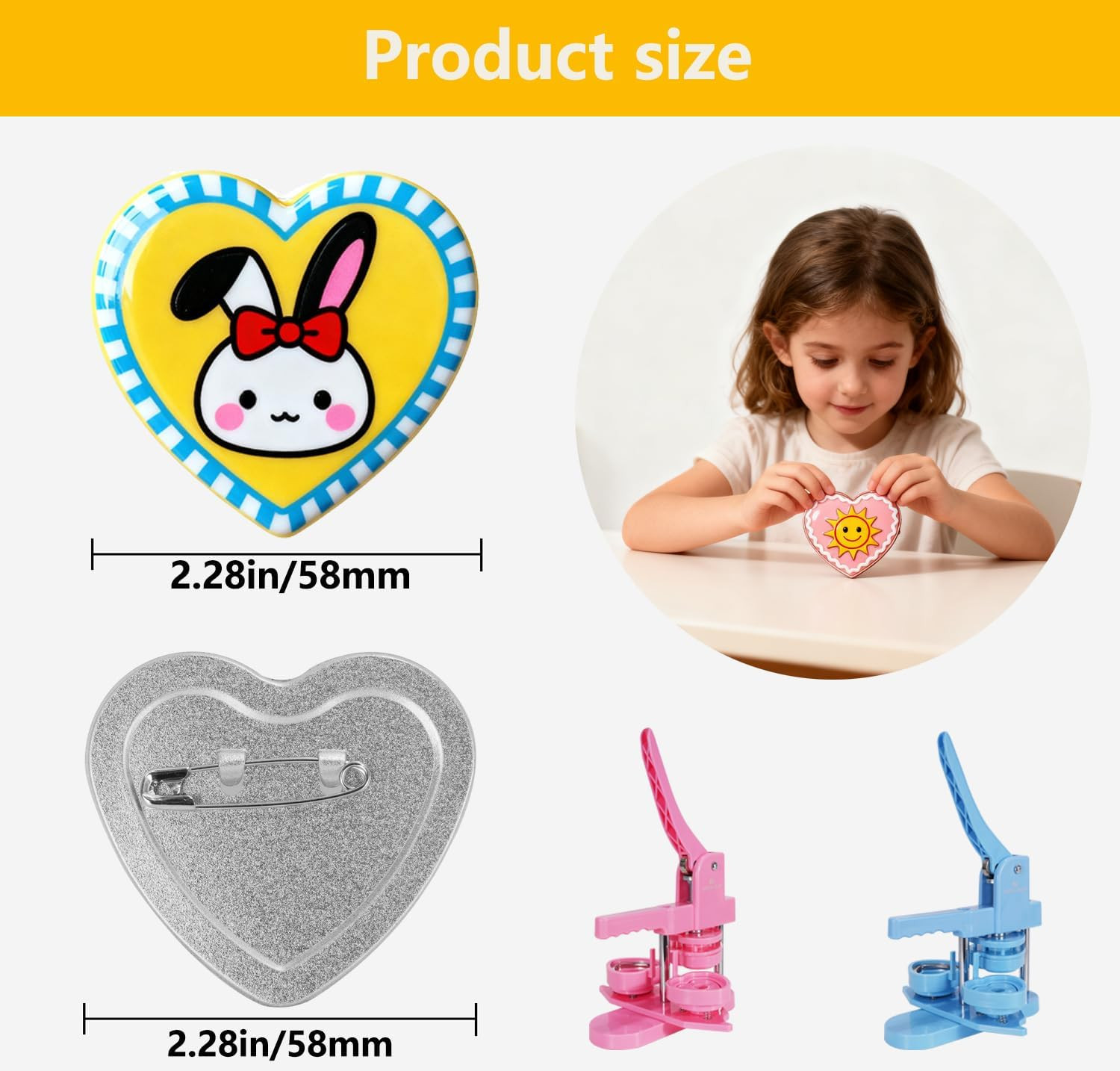 50Sets Button Parts for Square Button Maker Machine (Heart Shaped Buttons)