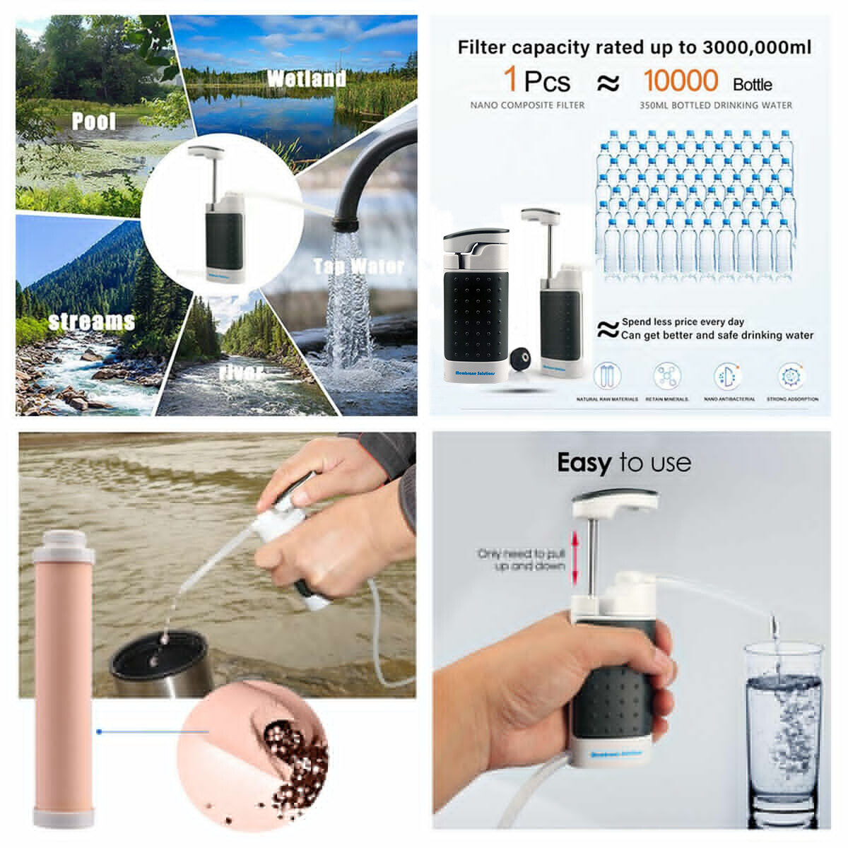 Hand-Pump Water Purification System Portable Water Filter Straws Kit for Camping