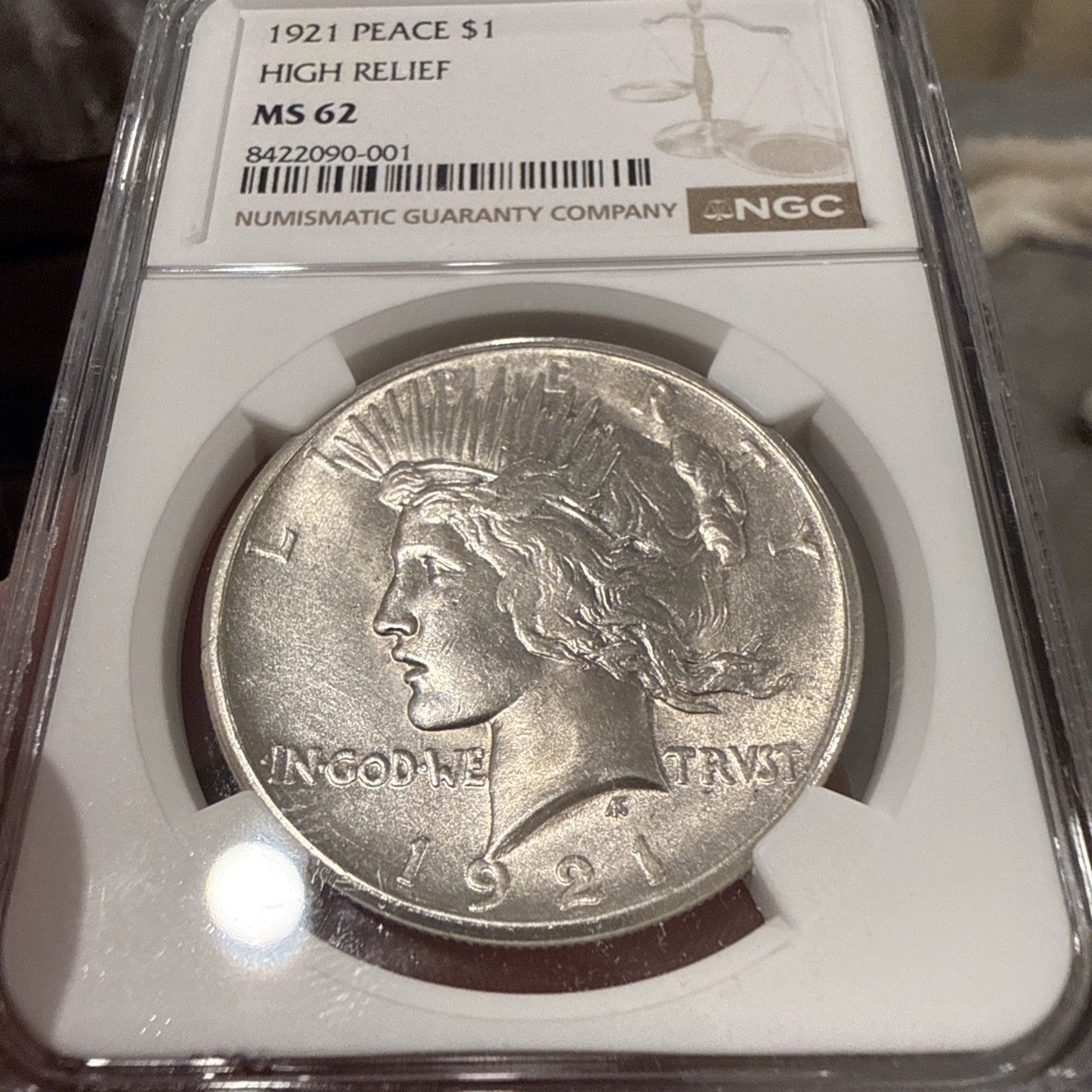 1921 PEACE DOLLAR HIGH RELIEF NGC MS 62 BRIGHT WHITE