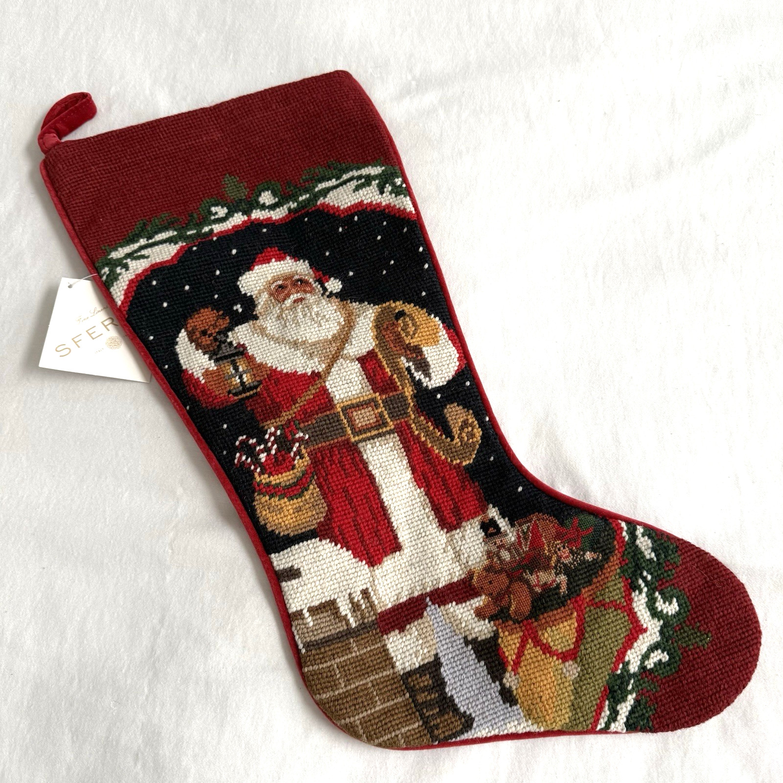 Sferra Needlepoint Christmas Stocking ROOFTOP SANTA Wool NEW