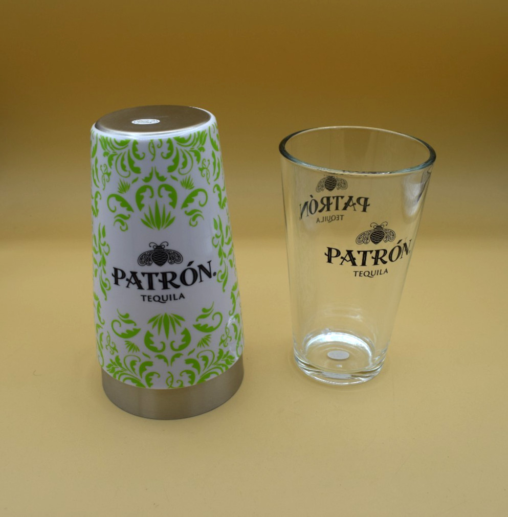 Patron Tequila Shaker 2 Pc Set Boston Style Cocktail Shakers Stainless & Glass