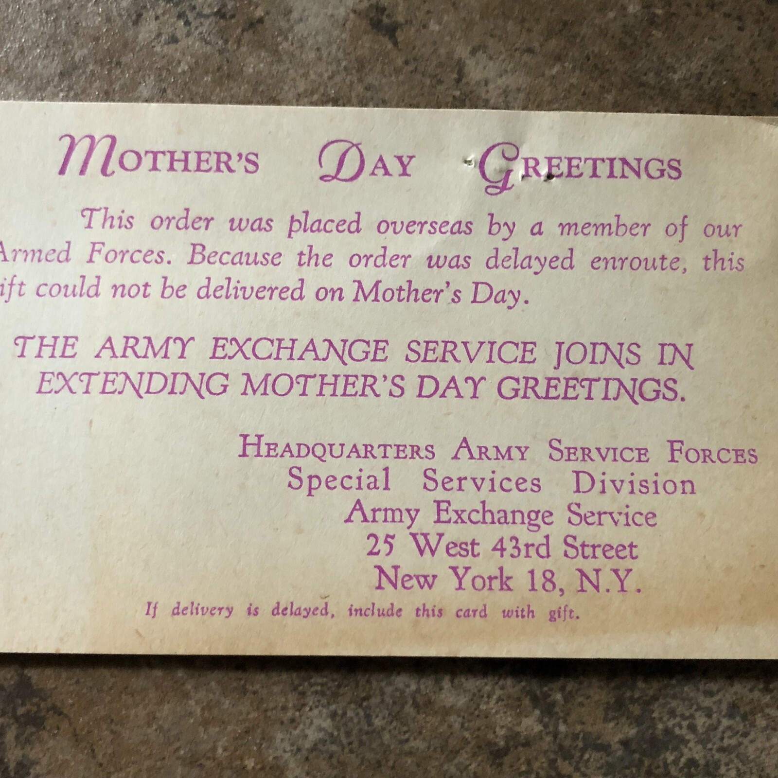 Army Exchange Service Forces WW2 Mother's Day greeting card