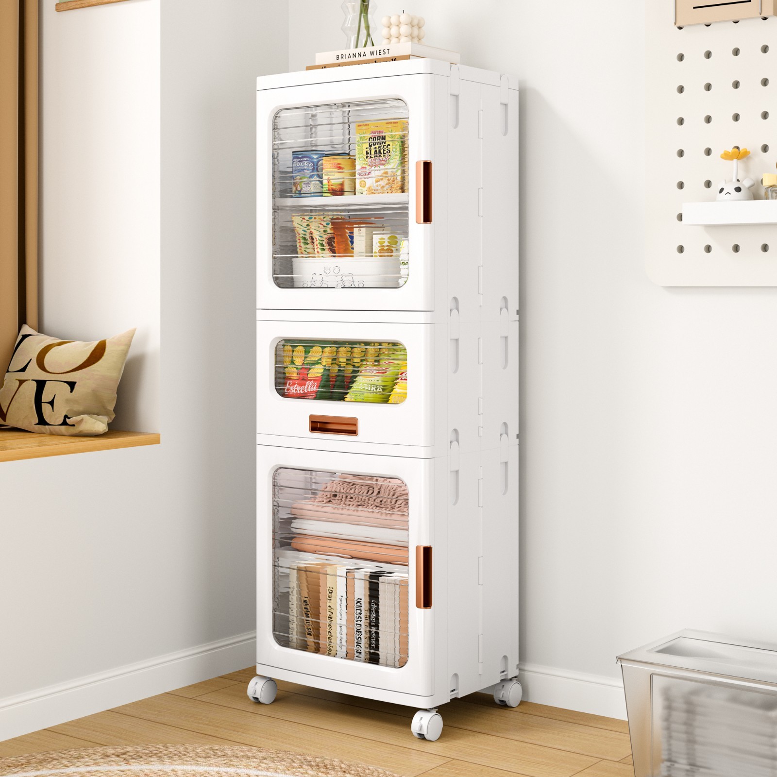 Multi Height Slim Storage Cabinet with Wheels Stackable Foldable Clear Door
