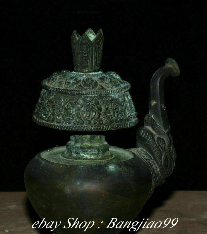 8" Marked Old China Bronze Dynasty Palace Dragon Beast Handle Kettle Pot Flask