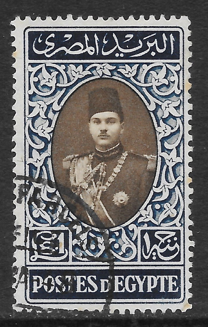 EGYPT SCOTT 240 USED F/VF - 1939 1L DEEP BLUE & DK BROWN - KING FAROUK