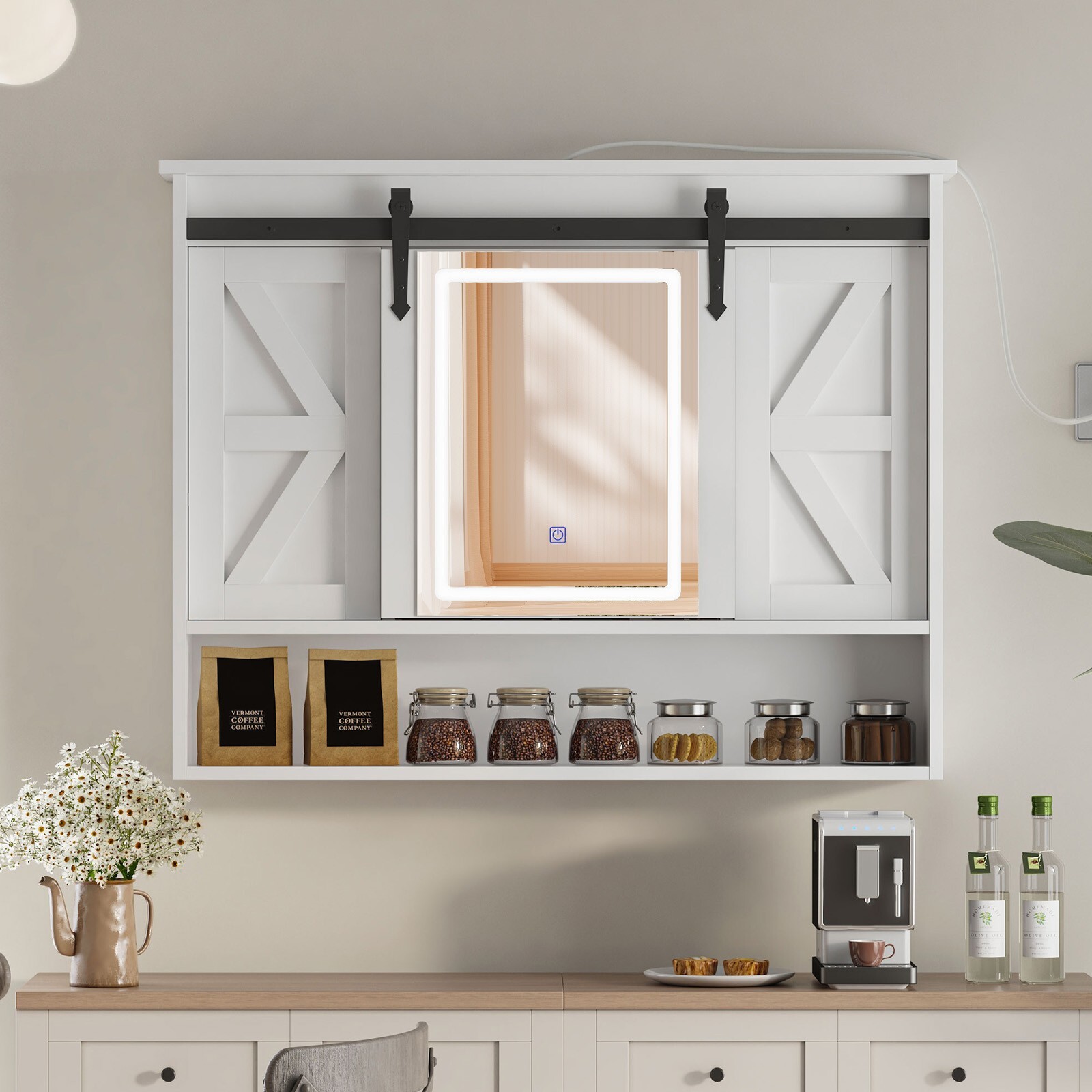 Wall Mounted Bathroom Cabinet Medicine Cabinet Organizer w/ Mirror Door & Lights