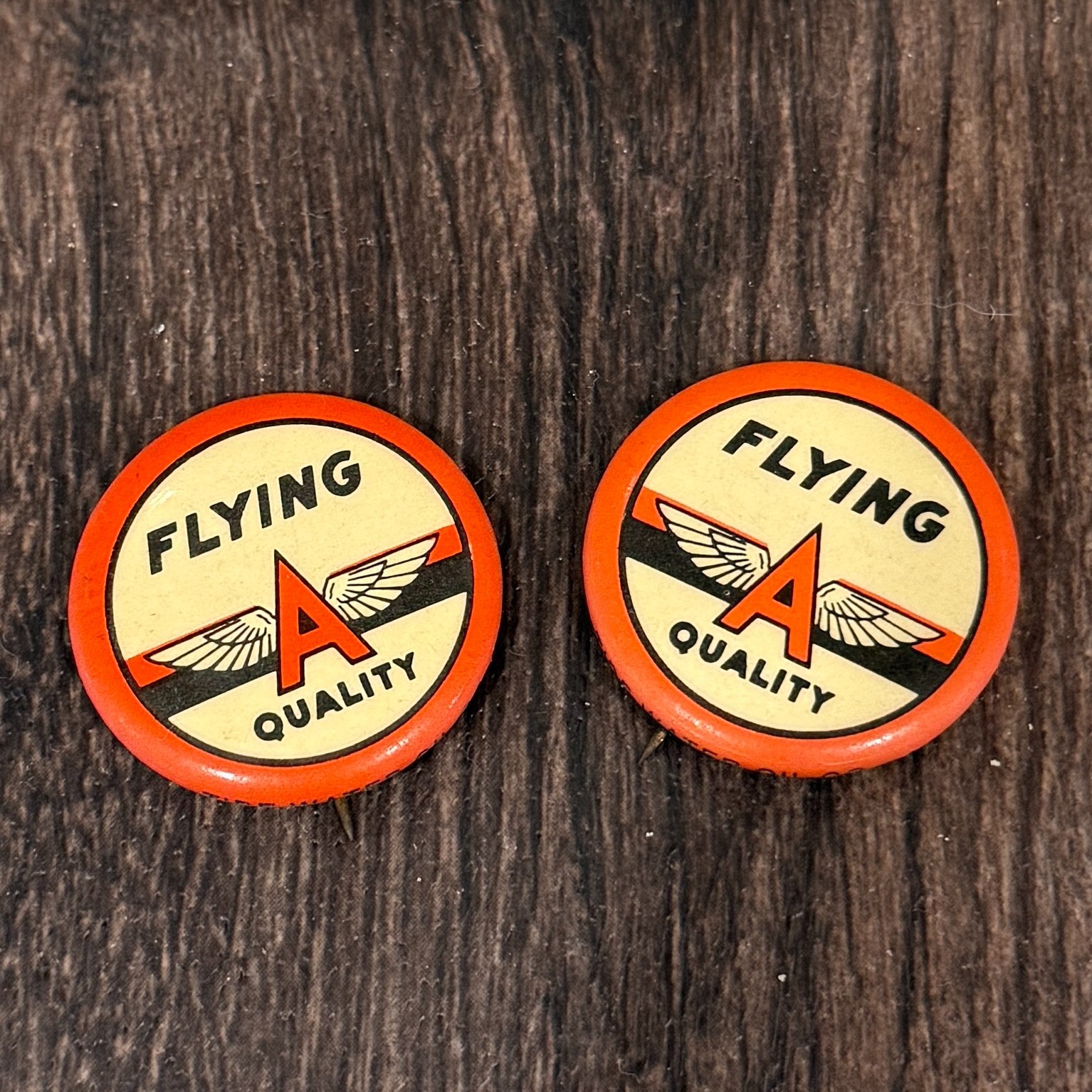 (Lot of 2) Tydol Veedol Flying A Quality Gas & Oil Pin Back Button 1.25"