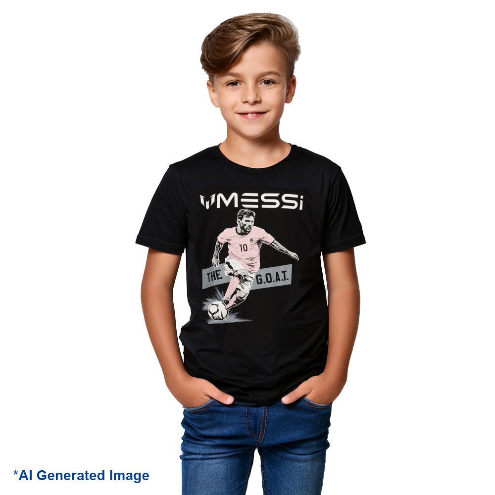 Messi Kicking Soccer Ball GOAT Boy's Black T-Shirt. Boy's Sizes S-XL. New!