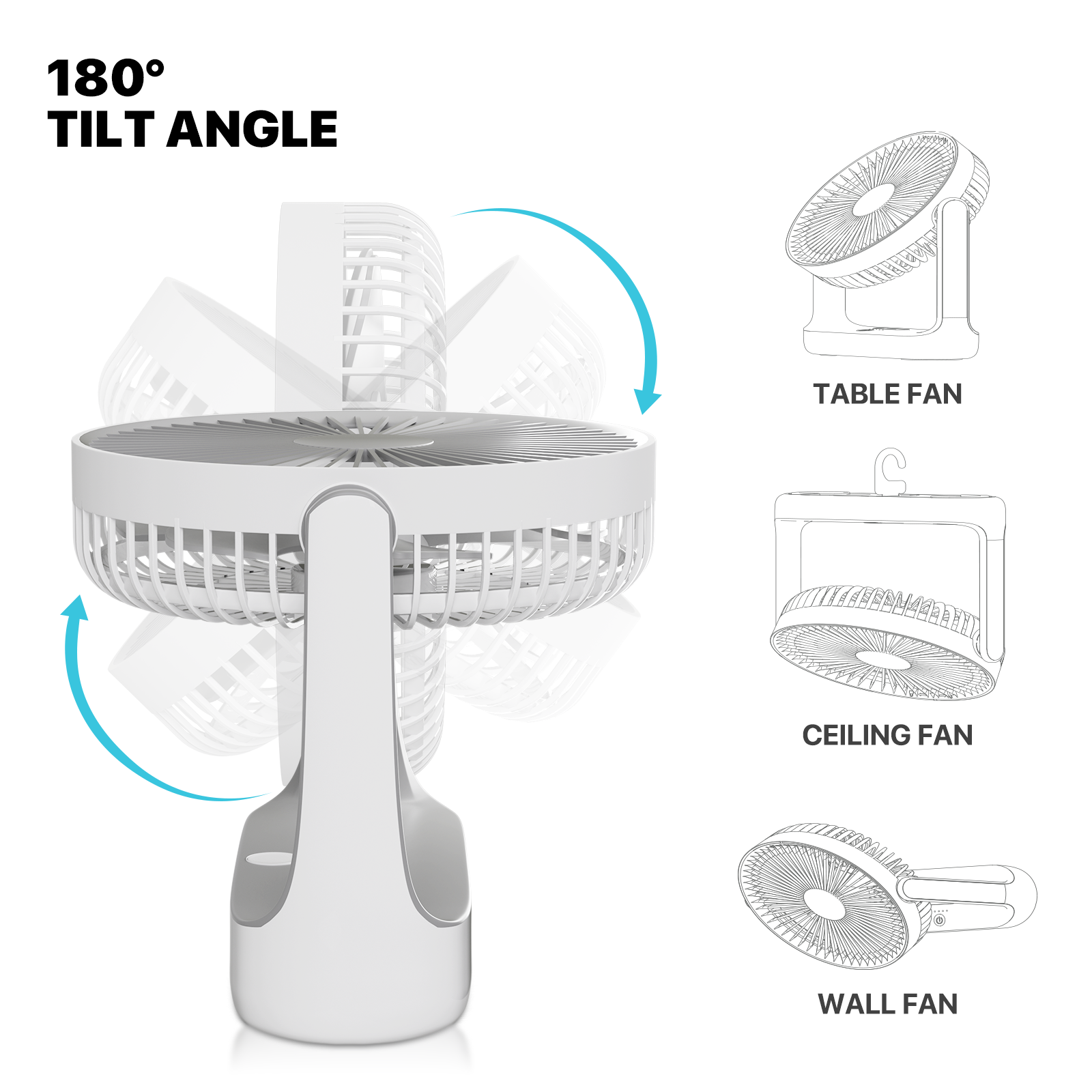 Portable Personal Desk Fan 4 Speed 180° Tilt USB Rechargeable Fan w/Hanging Hook