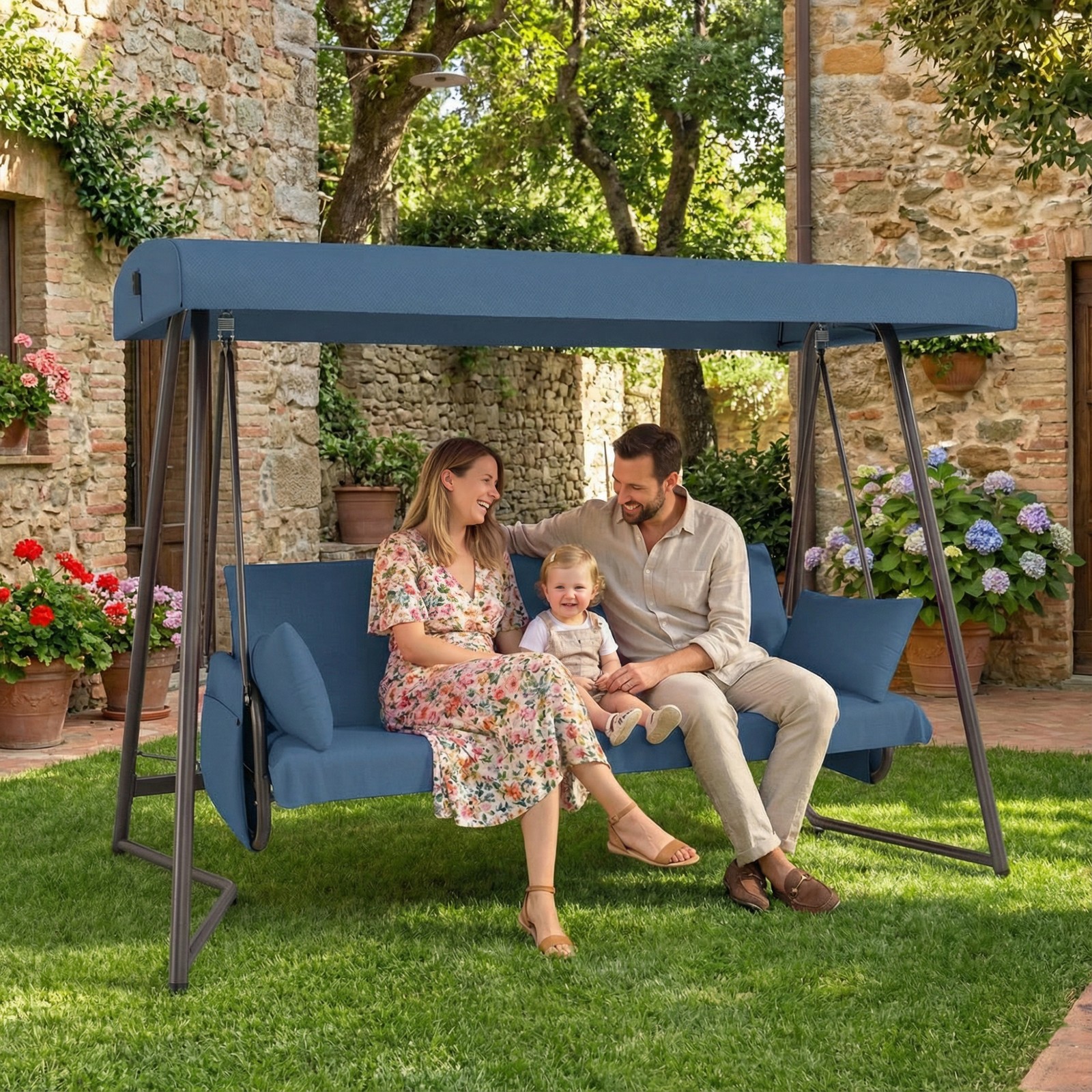 3-Seat Outdoor Patio Swing Bed with Adjustable Canopy Steel Frame Blue