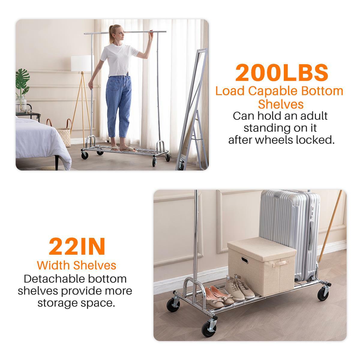 3 in 1 450lbs Collapsible Rolling Heavy Duty Clothing Garment Rack with Shelves