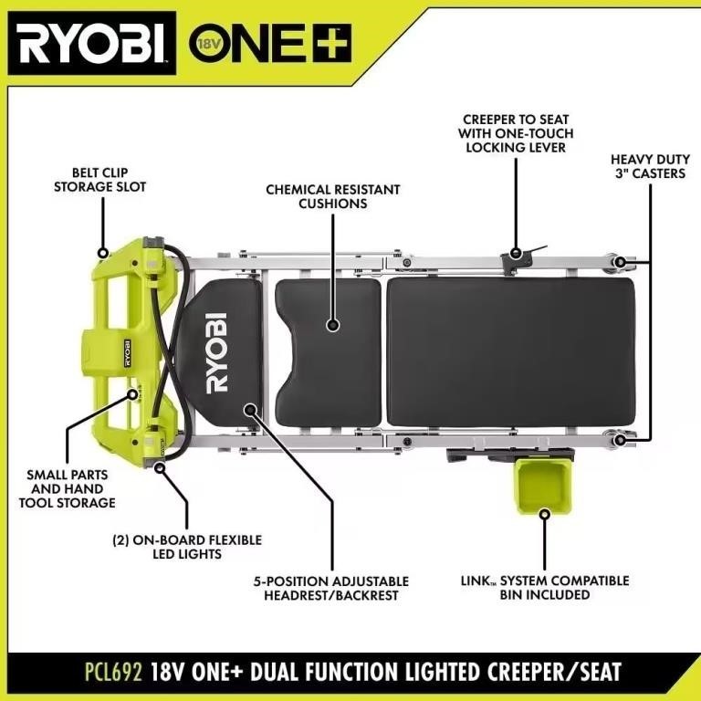 Ryobi 18V Dual Function Lighted Creeper/Seat (Tool Only) NEW PCL692B